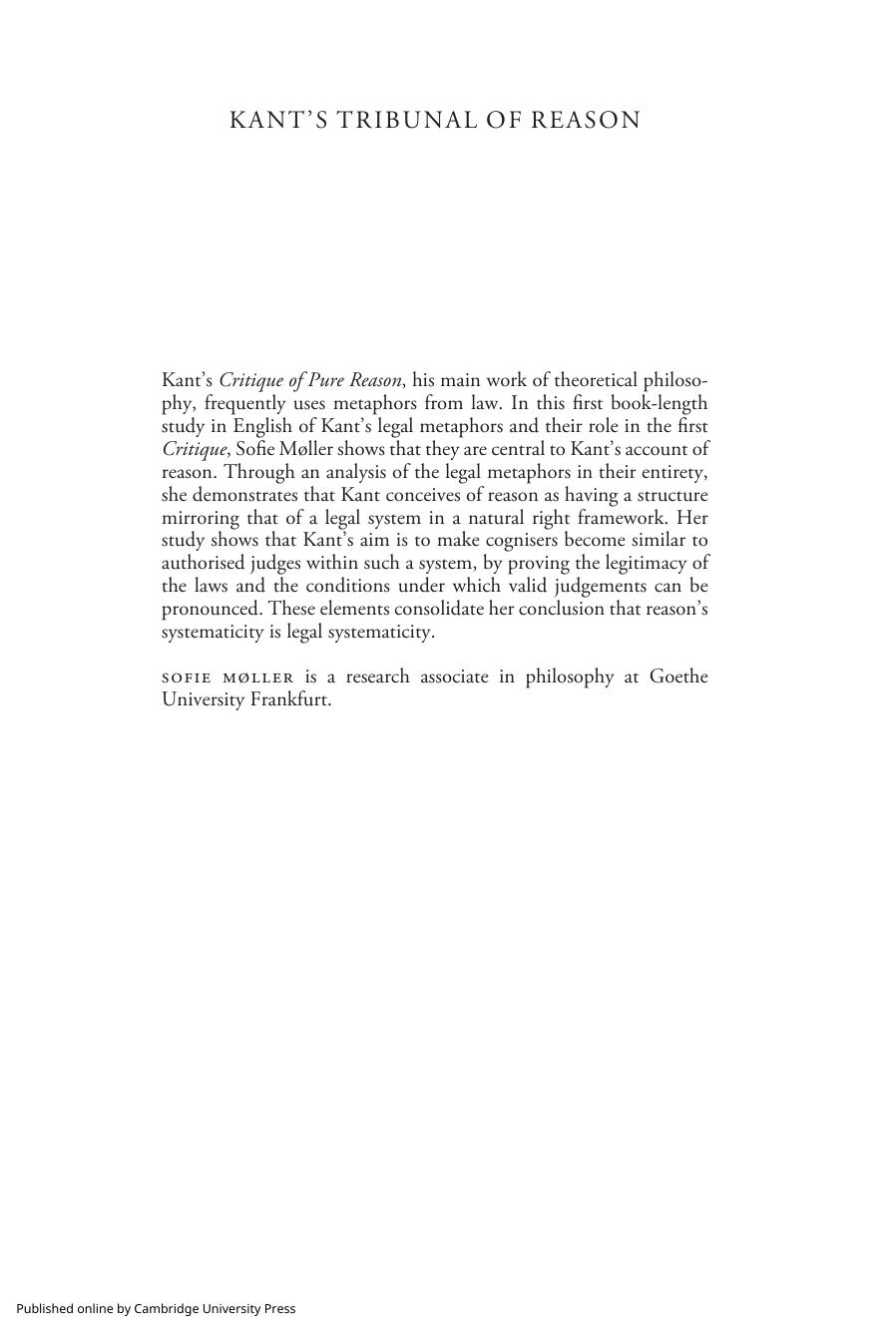 Kant's Tribunal of Reason: Legal Metaphor and Normativity in the Critique of Pure Reason by Sofie Møller