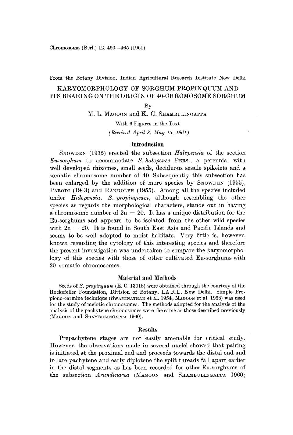 Karyomorphology of <Emphasis Type="Italic">Sorghum propinquum<Emphasis> and its bearing on the origin of 40-chromosome sorghum by Unknown