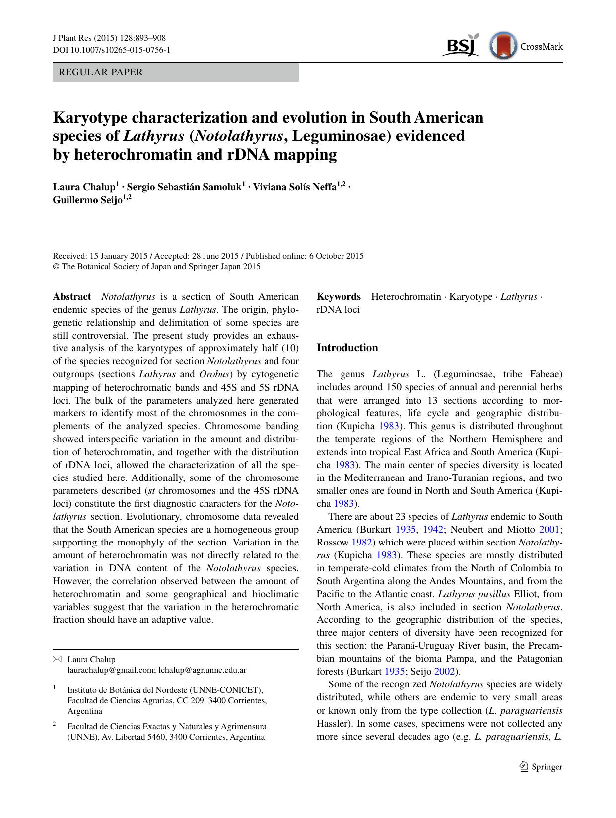 Karyotype characterization and evolution in South American species of Lathyrus (Notolathyrus, Leguminosae) evidenced by heterochromatin and rDNA mapping by Laura Chalup & Sergio Sebastián Samoluk & Viviana Solís Neffa & Guillermo Seijo