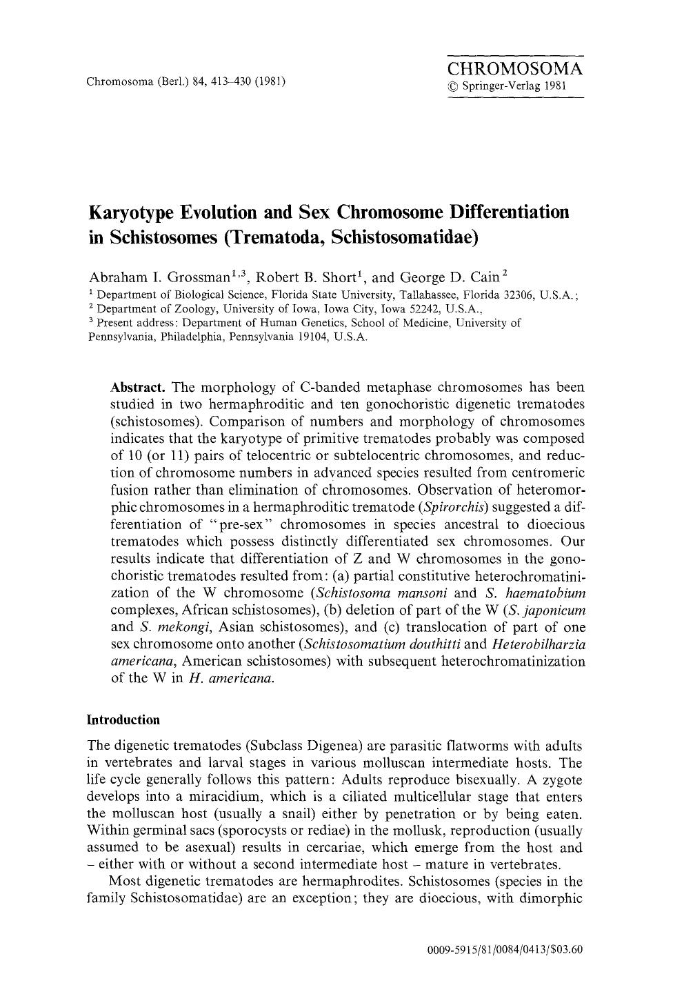 Karyotype evolution and sex chromosome differentiation in schistosomes (Trematoda, Schistosomatidae) by Unknown