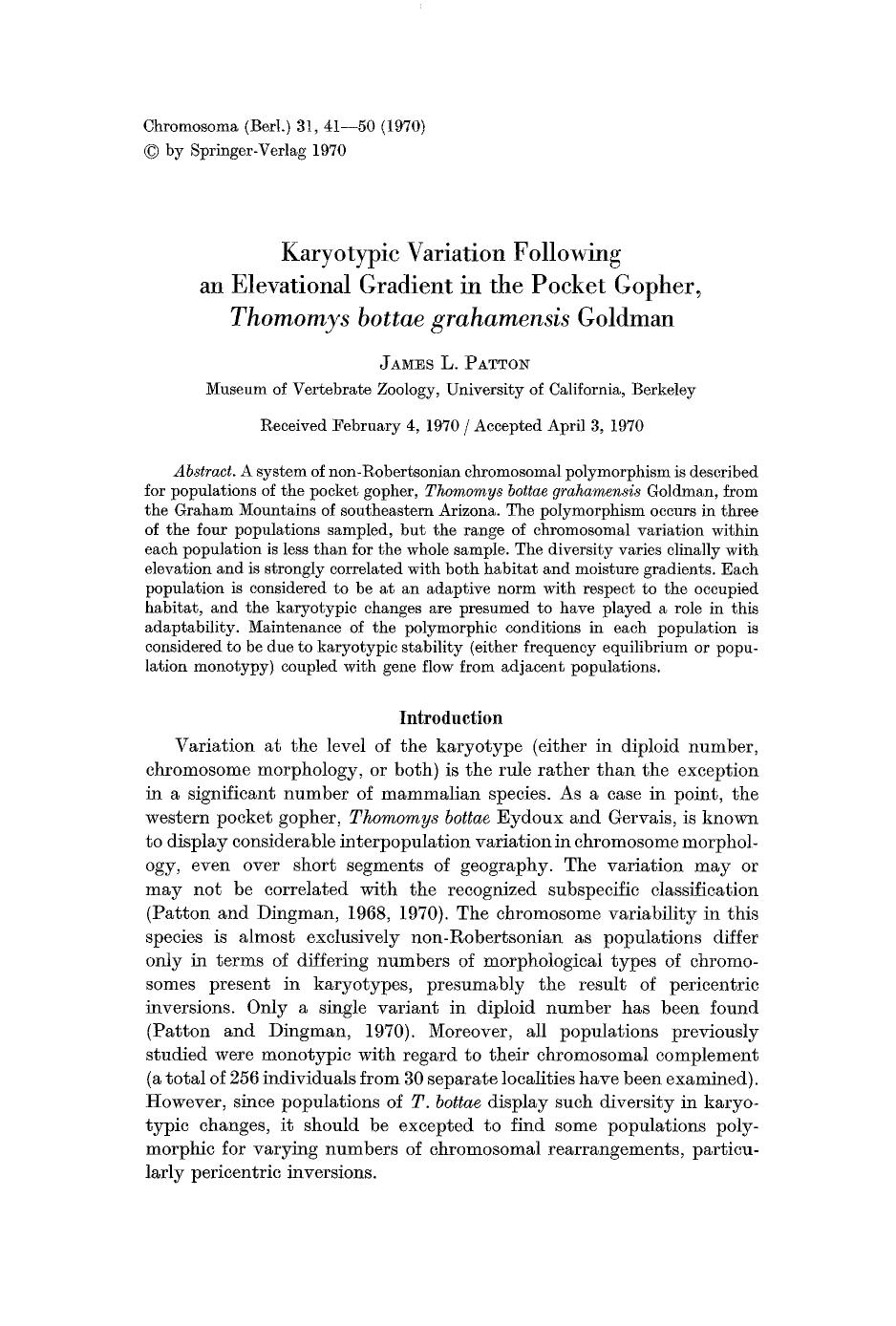 Karyotypic variation following an elevational gradient in the pocket gopher, Thomomys bottae grahamensis Goldman by Unknown