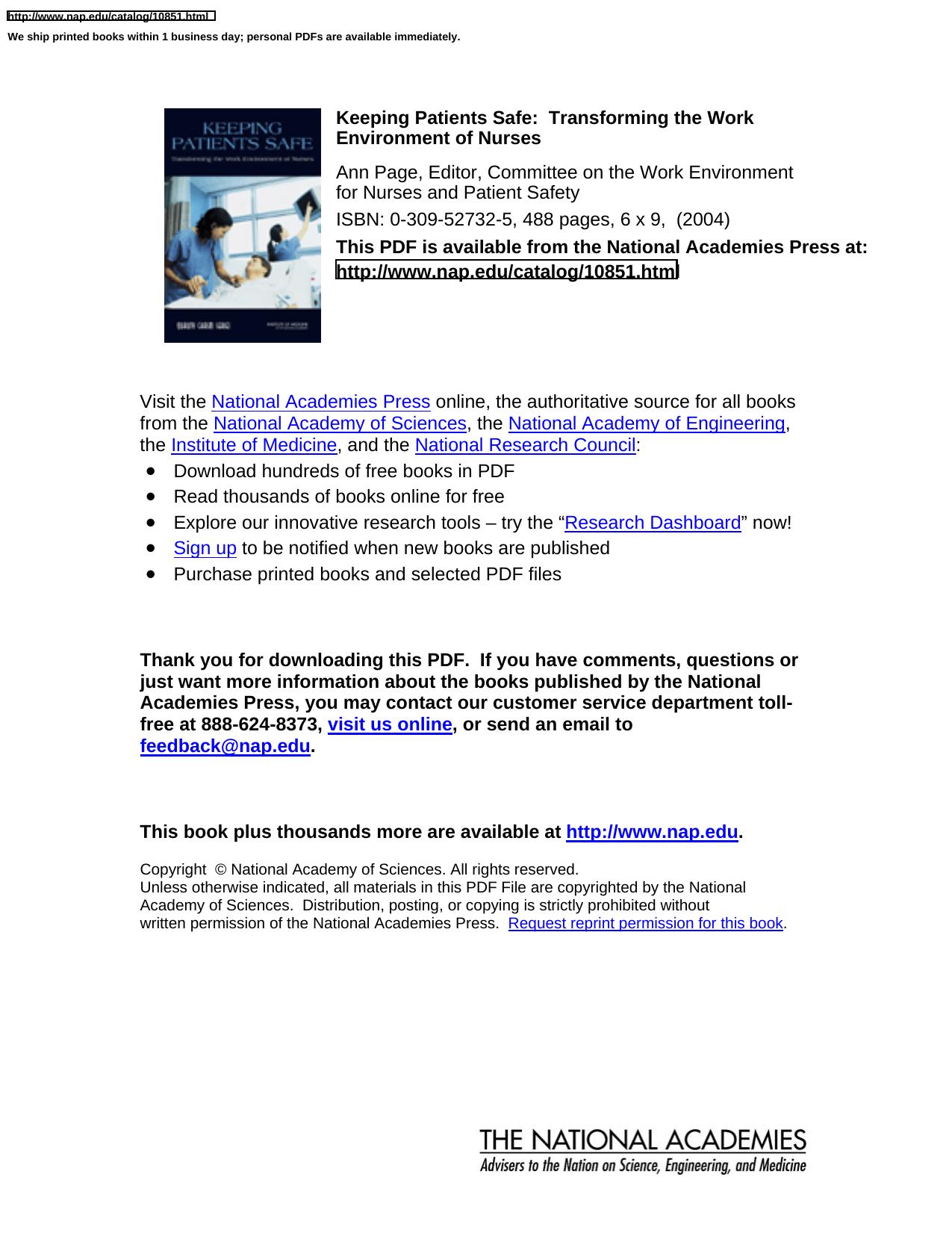 Keeping Patients Safe -- Transforming the Work Environment of Nurses by Institute of Medicine of the National Academies