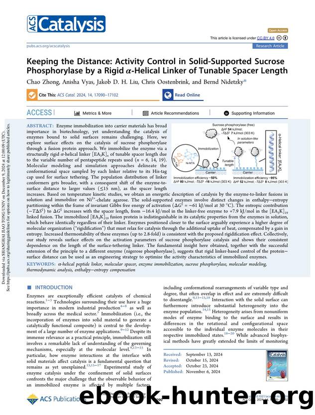 Keeping the Distance: Activity Control in Solid-Supported Sucrose Phosphorylase by a Rigid Î±-Helical Linker of Tunable Spacer Length by Chao Zhong Anisha Vyas Jakob D. H. Liu Chris Oostenbrink & Bernd Nidetzky