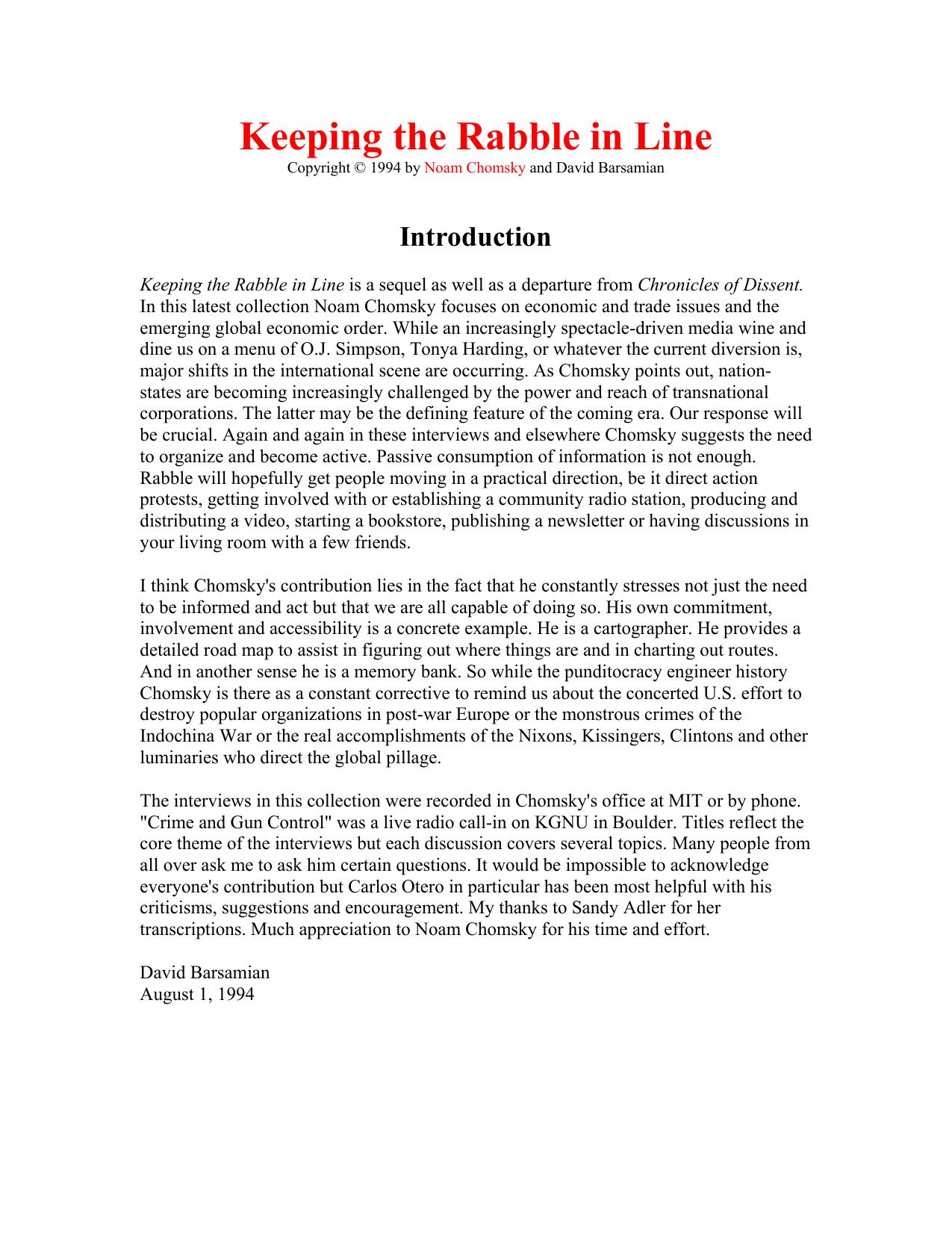 Keeping the rabble in line: interviews with David Barsamian by Noam Chomsky