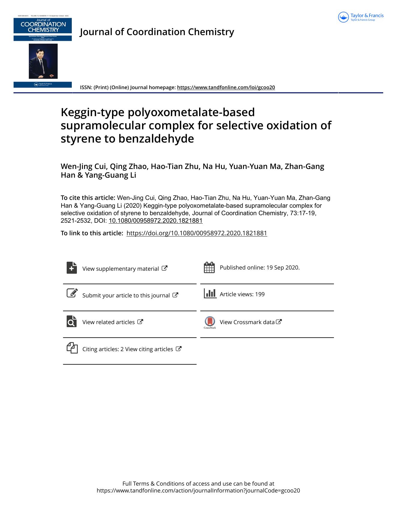 Keggin-type polyoxometalate-based supramolecular complex for selective oxidation of styrene to benzaldehyde by Cui Wen-Jing & Zhao Qing & Zhu Hao-Tian & Hu Na & Ma Yuan-Yuan & Han Zhan-Gang & Li Yang-Guang