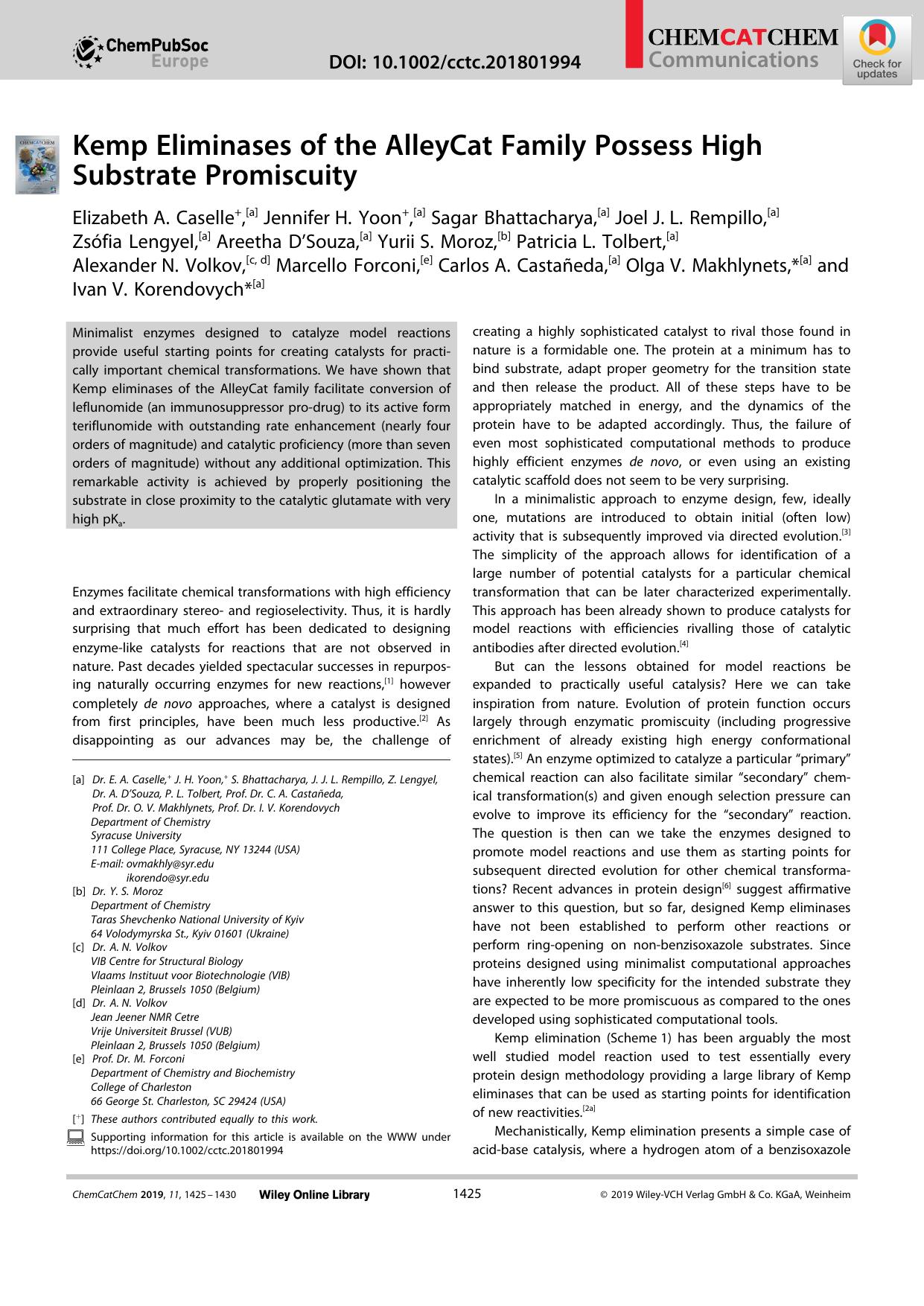 Kemp Eliminases of the AlleyCat Family Possess High Substrate Promiscuity by Unknown