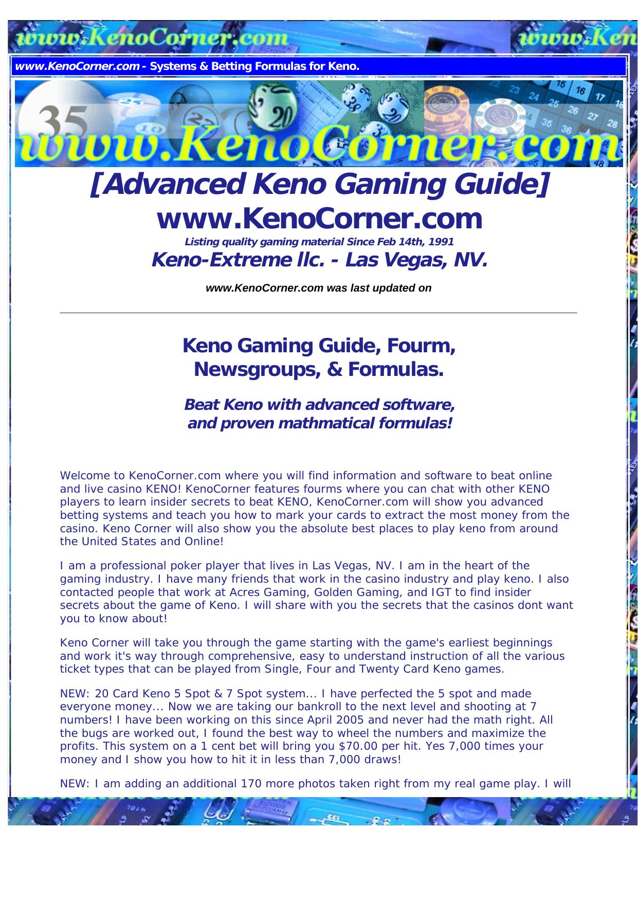 KenoCorner.com Keno School. Math-Odds-Software-Payout & More.. by Best of Kuszter's Collection