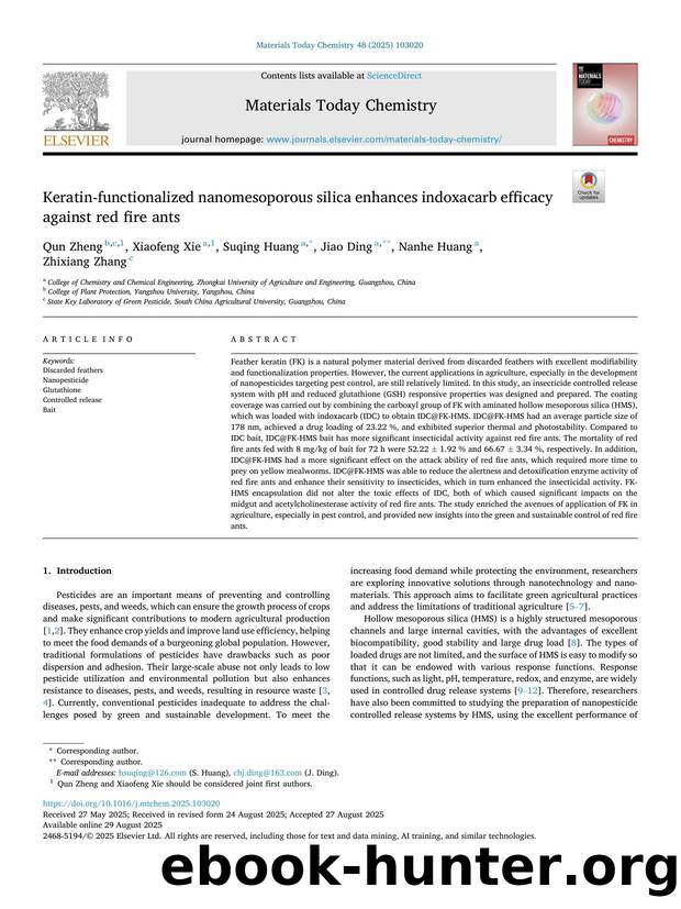 Keratin-functionalized nanomesoporous silica enhances indoxacarb efficacy against red fire ants by Qun Zheng & Xiaofeng Xie & Suqing Huang & Jiao Ding & Nanhe Huang & Zhixiang Zhang