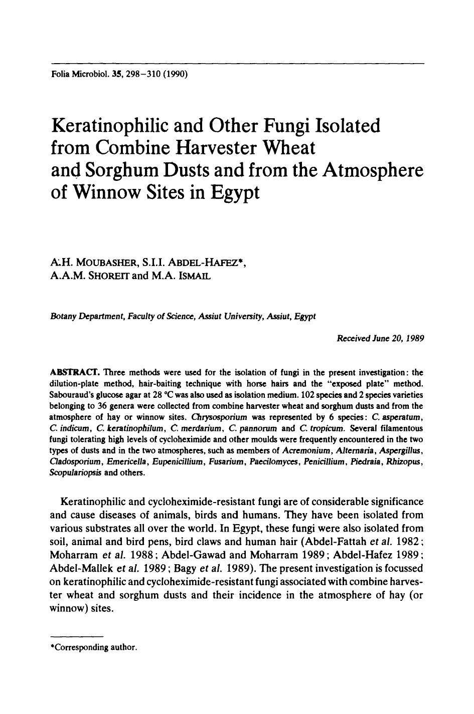 Keratinophilic and other fungi isolated from combine harvester wheat and sorghum dusts and from the atmosphere of winnow sites in egypt by Unknown