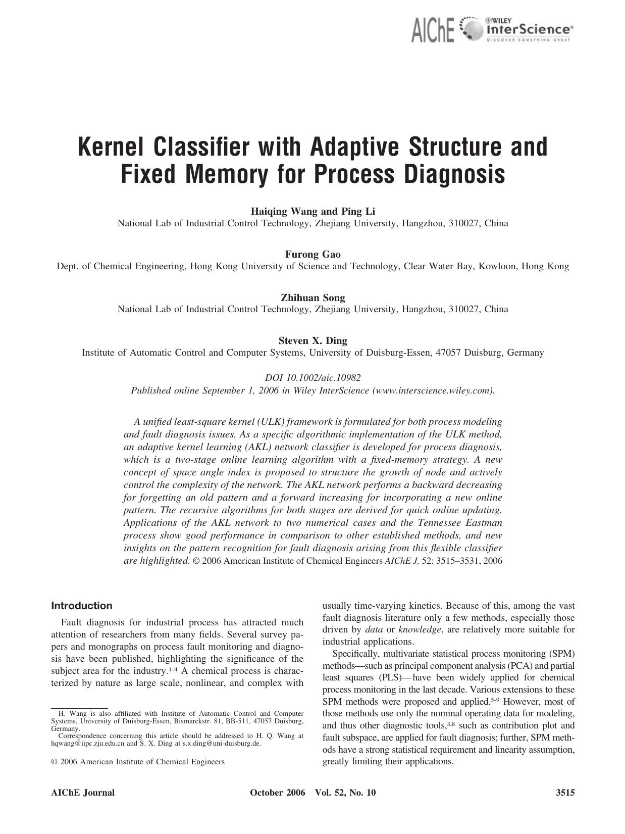Kernel classifier with adaptive structure and fixed memory for process diagnosis by Unknown