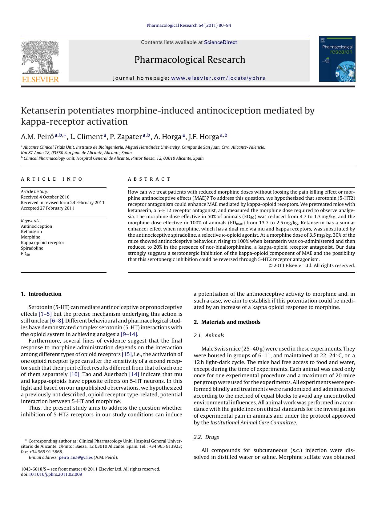 Ketanserin potentiates morphine-induced antinociception mediated by kappa-receptor activation by A.M. PeirÃ³