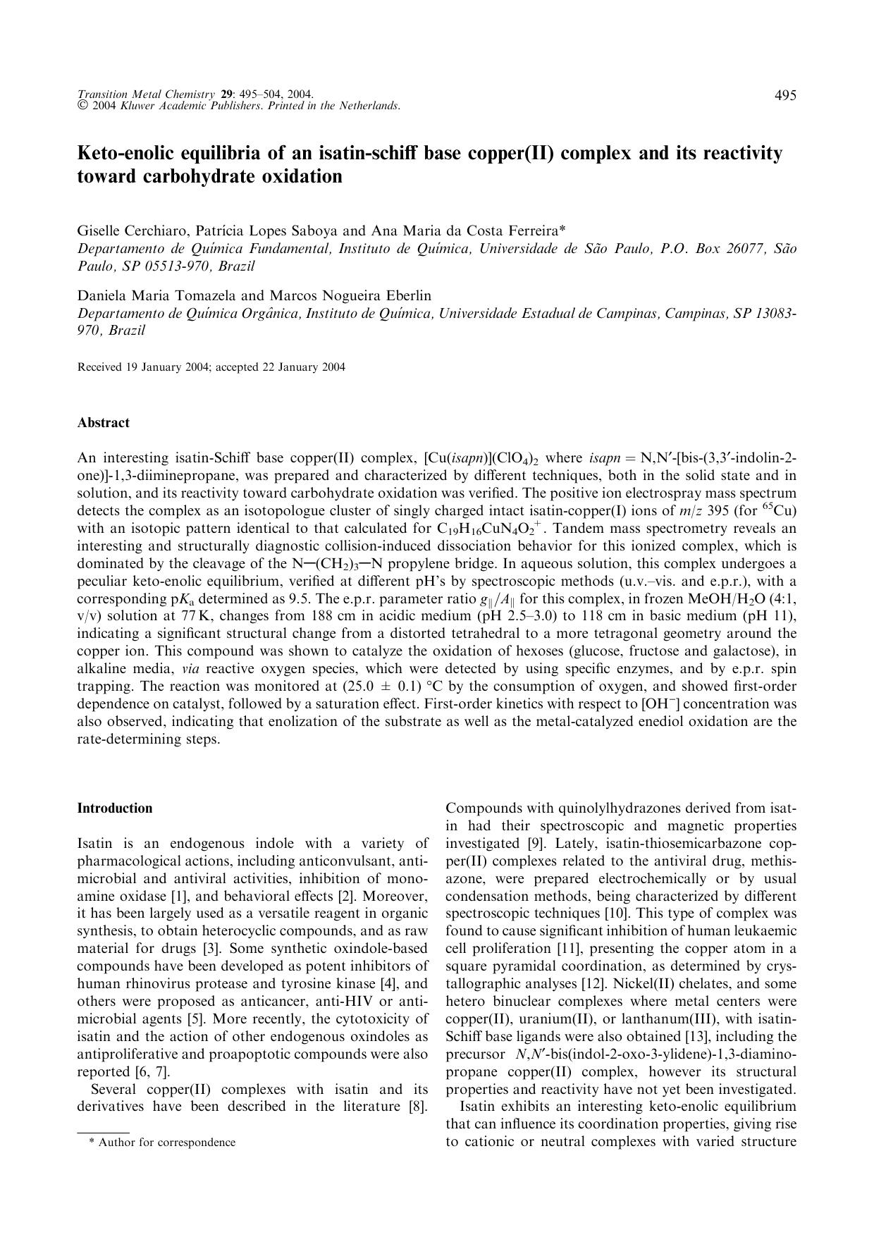 Keto-Enolic Equilibria of an Isatin-Schiff Base Copper(II) Complex and its Reactivity toward Carbohydrate Oxidation by Unknown