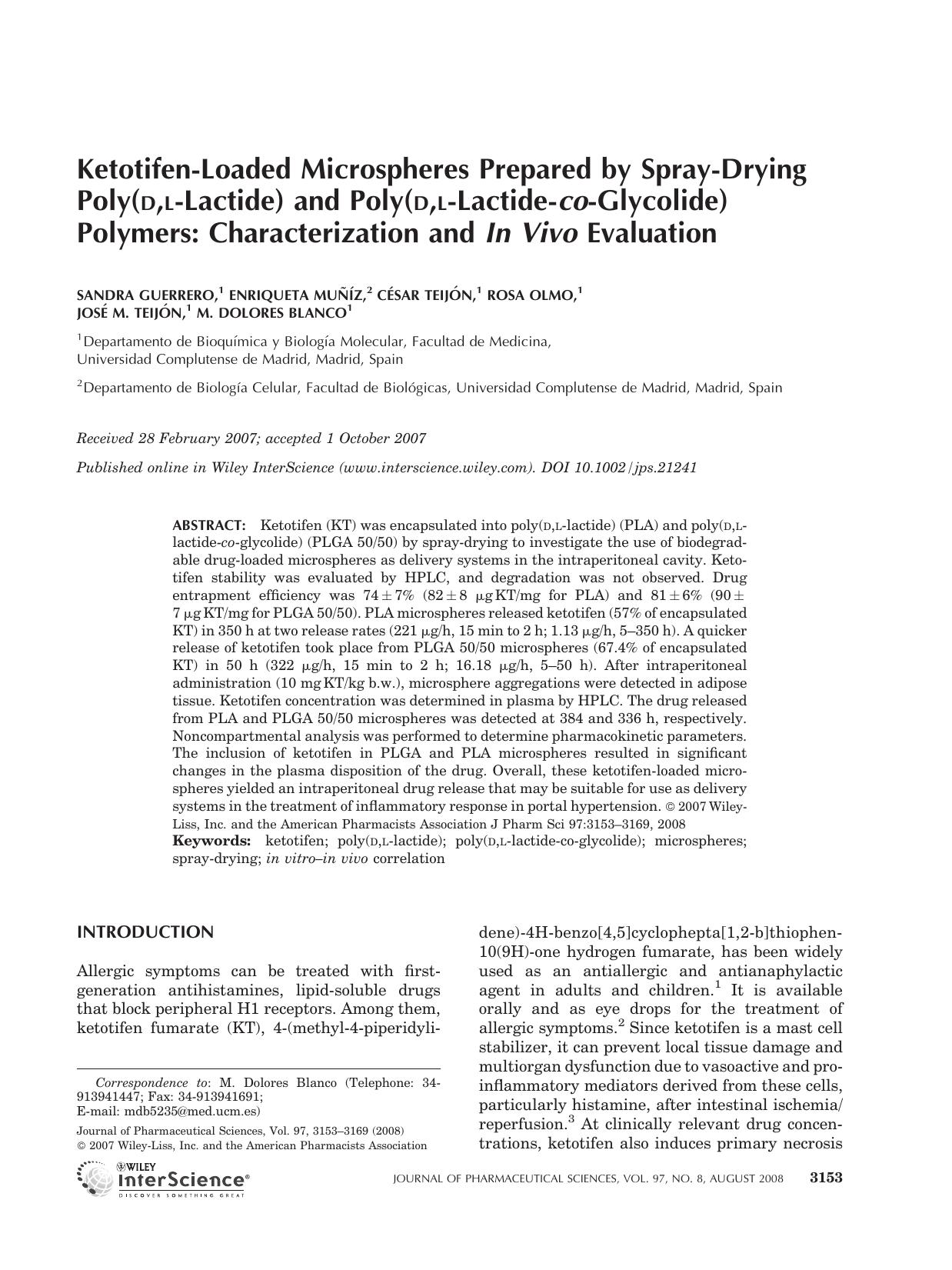 Ketotifen-loaded microspheres prepared by spray-drying poly(D,L-lactide) and poly(D,L-lactide-co-glycolide) polymers: Characterization and in vivo evaluation by Unknown