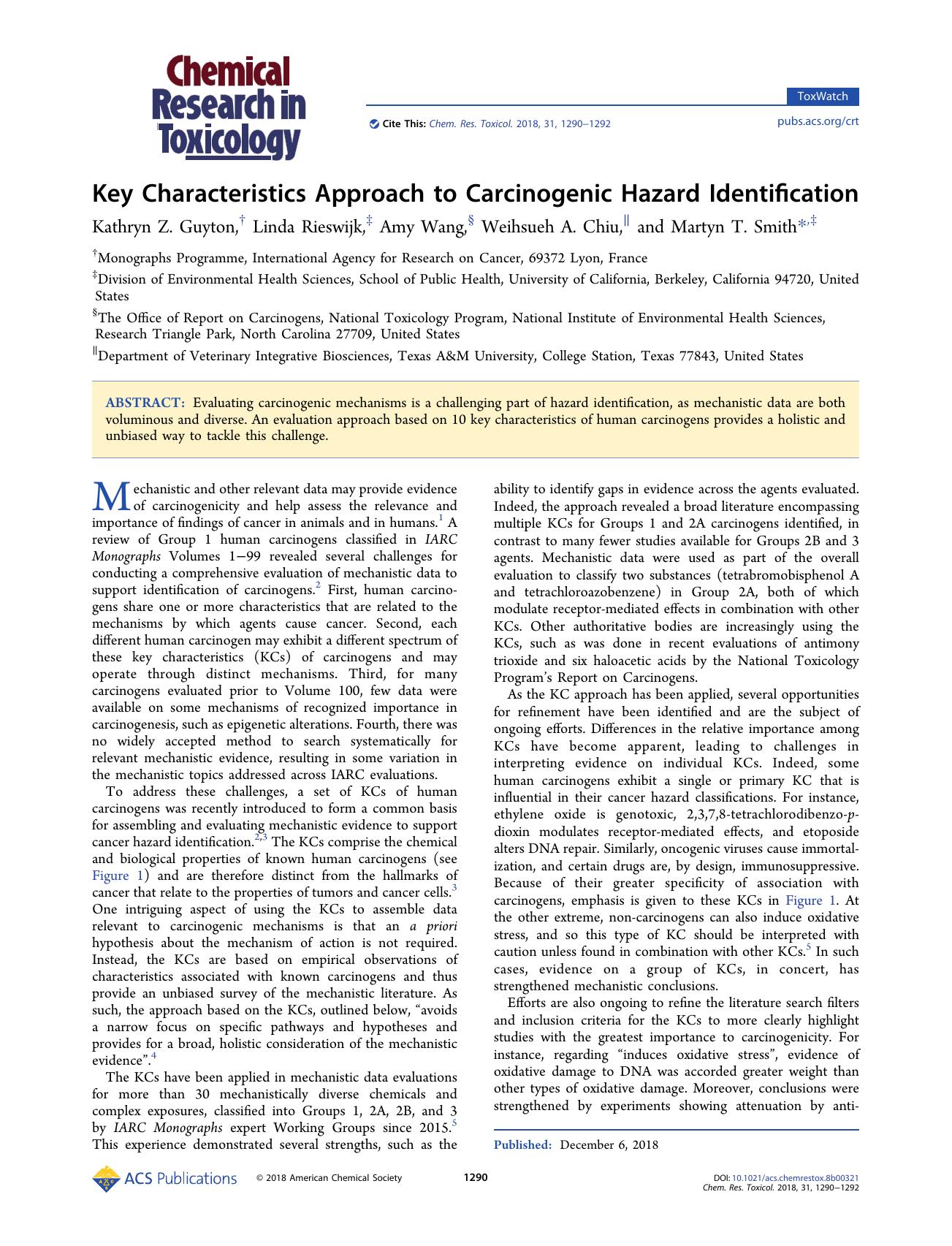 Key Characteristics Approach to Carcinogenic Hazard Identification by Kathryn Z. Guyton Linda Rieswijk Amy Wang Weihsueh A. Chiu and Martyn T. Smith