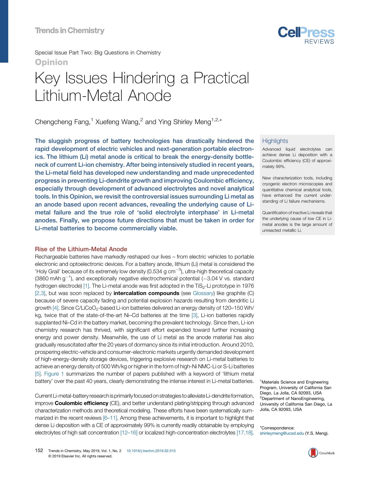 Key Issues Hindering a Practical Lithium-Metal Anode by Chengcheng Fang & Xuefeng Wang & Ying Shirley Meng