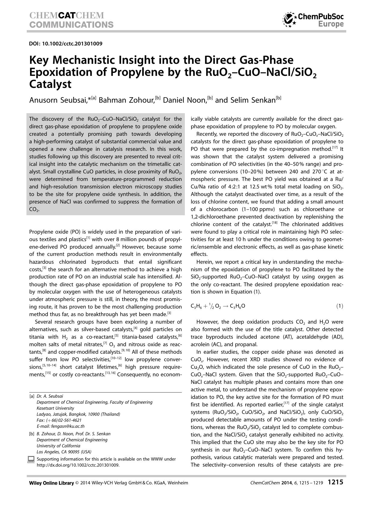 Key Mechanistic Insight into the Direct GasPhase Epoxidation of Propylene by the RuO2CuONaClSiO2 Catalyst by Unknown