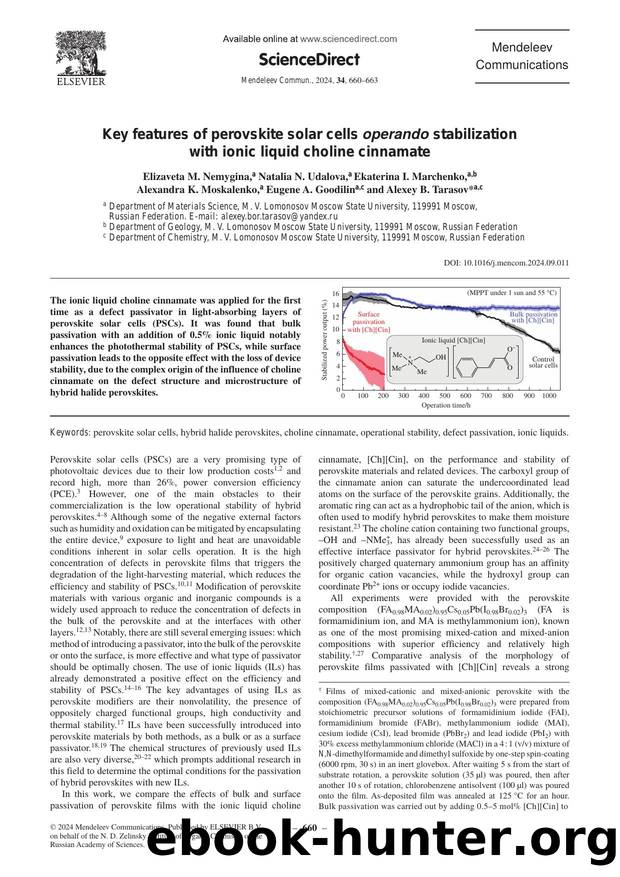 Key features of perovskite solar cells operando stabilization with ionic liquid choline cinnamate by unknow