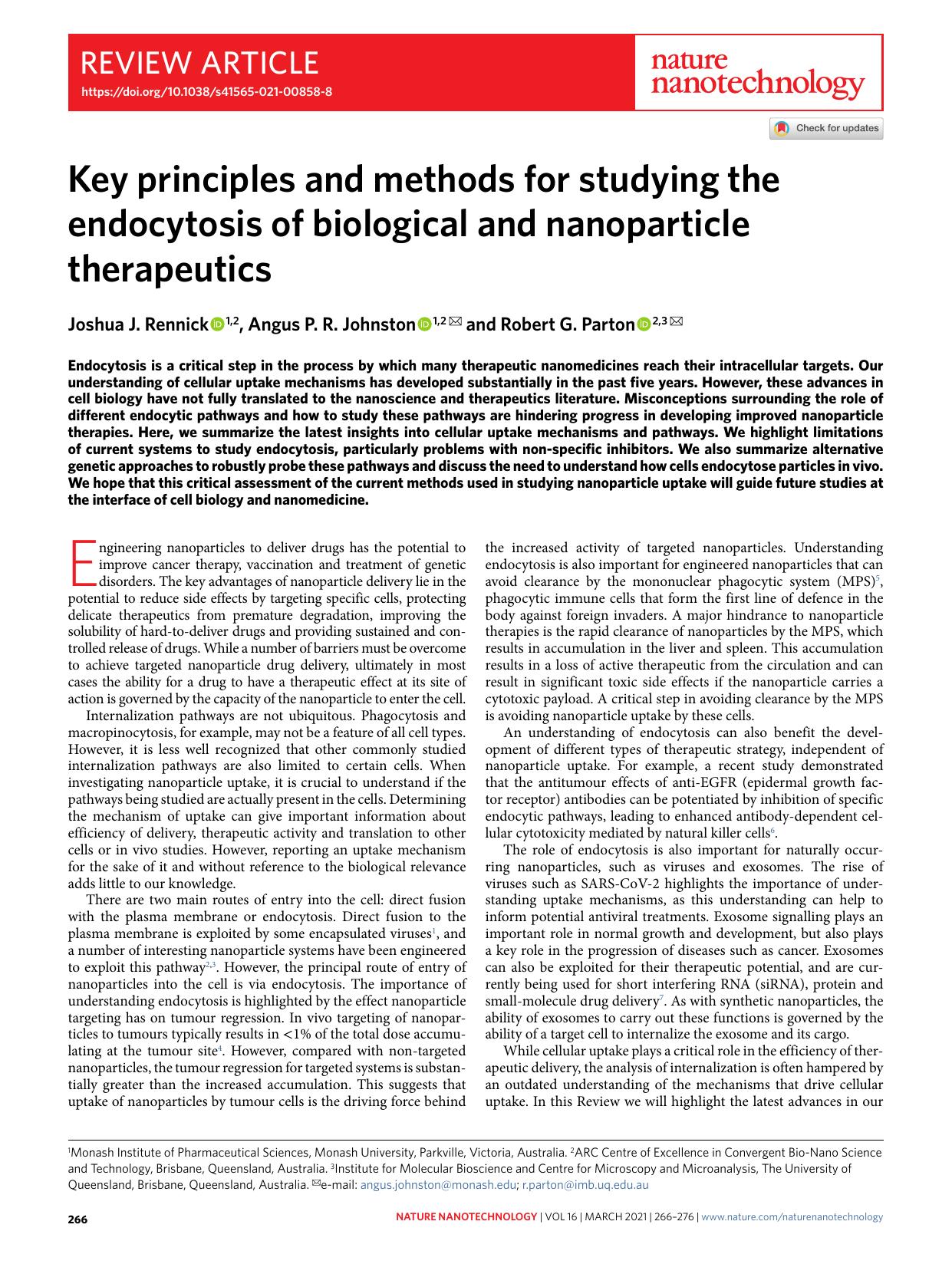 Key principles and methods for studying the endocytosis of biological and nanoparticle therapeutics by Joshua J. Rennick & Angus P. R. Johnston & Robert G. Parton