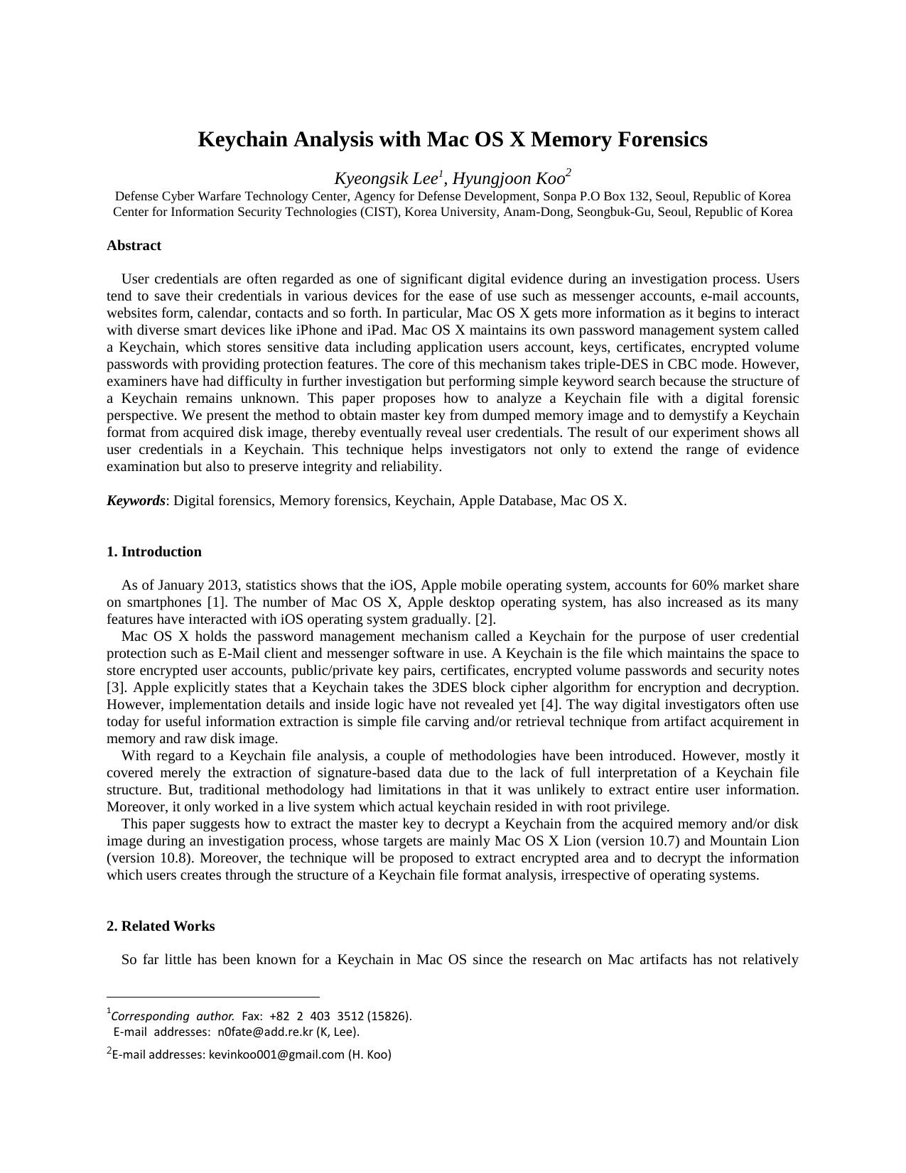 Keychain Analysis with Mac OS X Memory Forensics by Kevin Koo