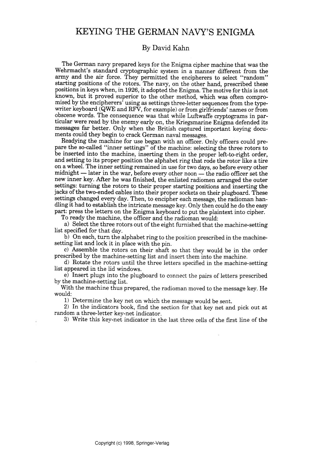 Keying the German Navy's Enigma (invited) by Kahn D