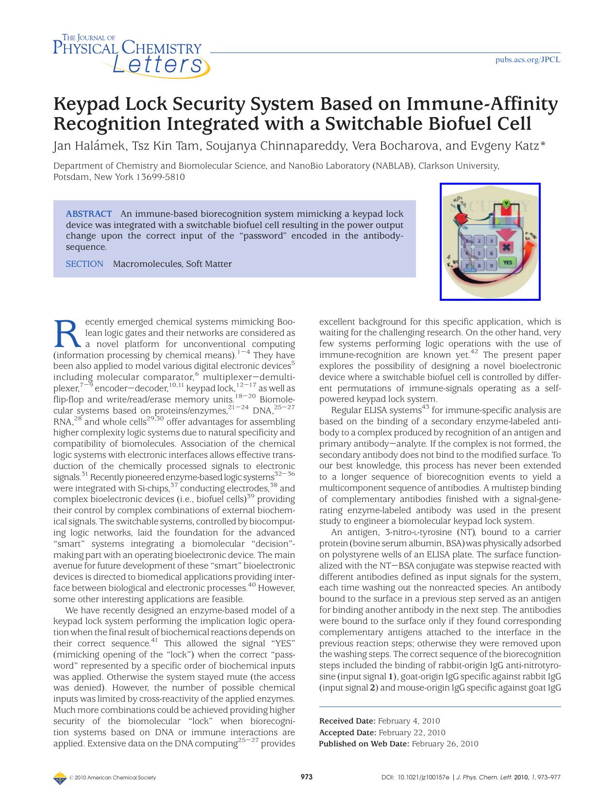 Keypad Lock Security System Based on Immune-Affinity Recognition Integrated with a Switchable Biofuel Cell by Unknown