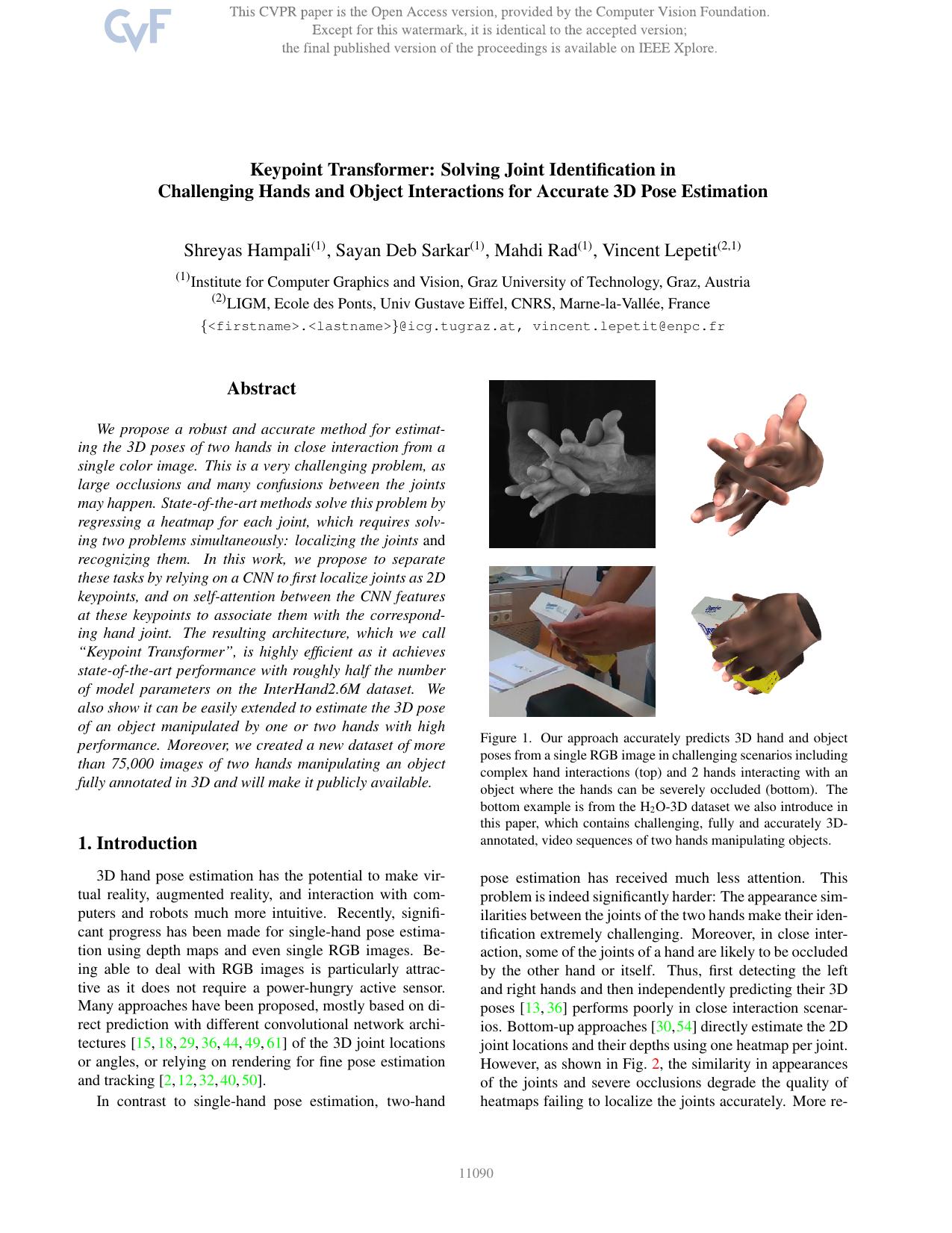 Keypoint Transformer: Solving Joint Identification in Challenging Hands and Object Interactions for Accurate 3D Pose Estimation by Shreyas Hampali & Sayan Deb Sarkar & Mahdi Rad & Vincent Lepetit