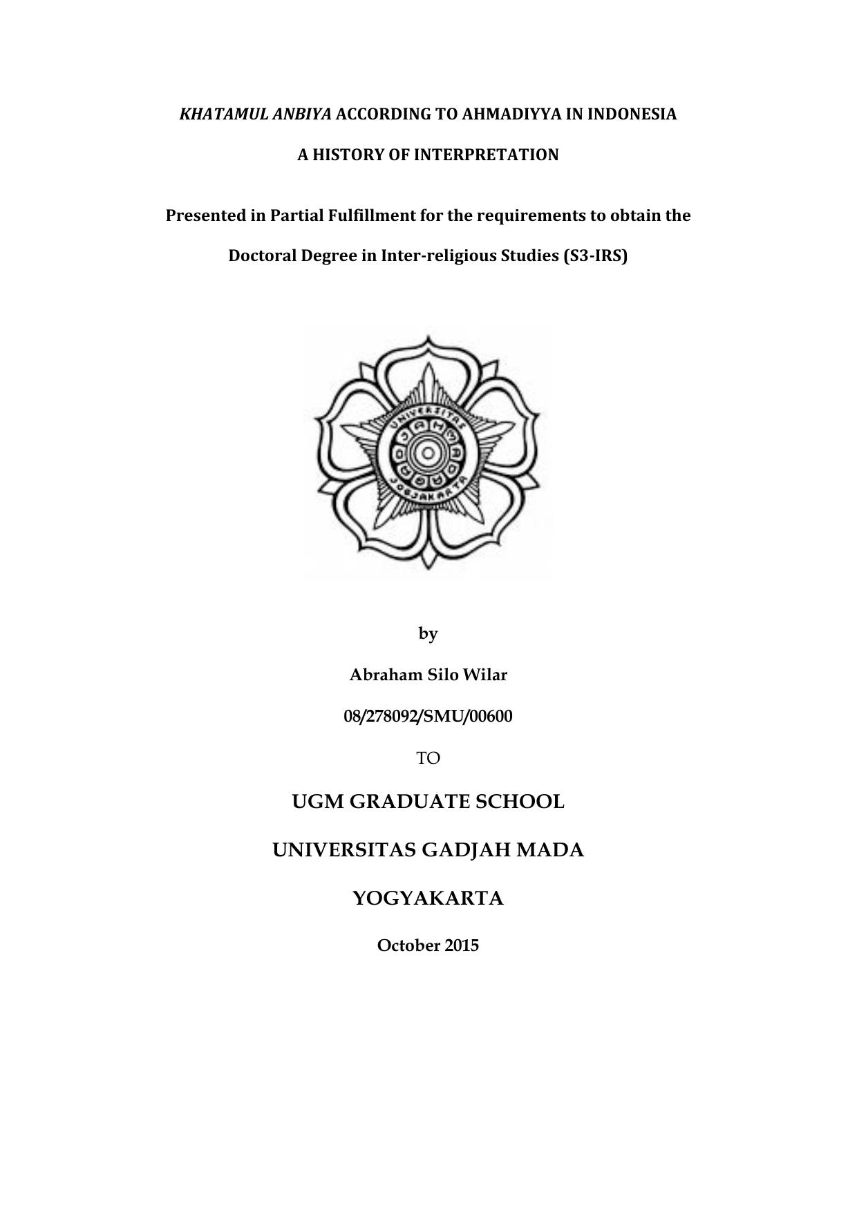 Khatamul Anbiya According to Ahmadiyya in Indonesia: A History of Interpretation [diss.] by Abraham Silo Wilar