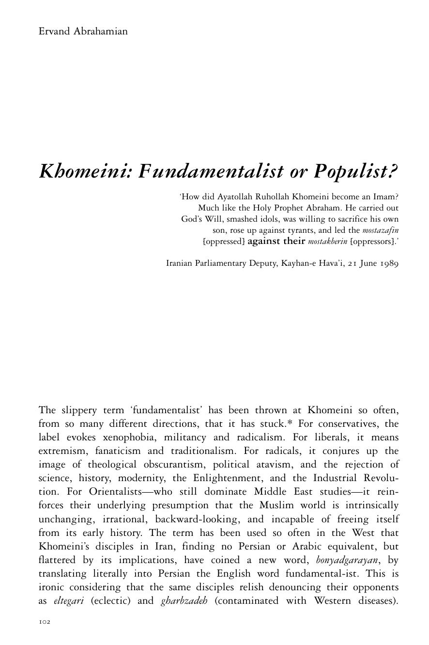 Khomeini: Fundamentalist or Populist? by Ervand Abrahamian