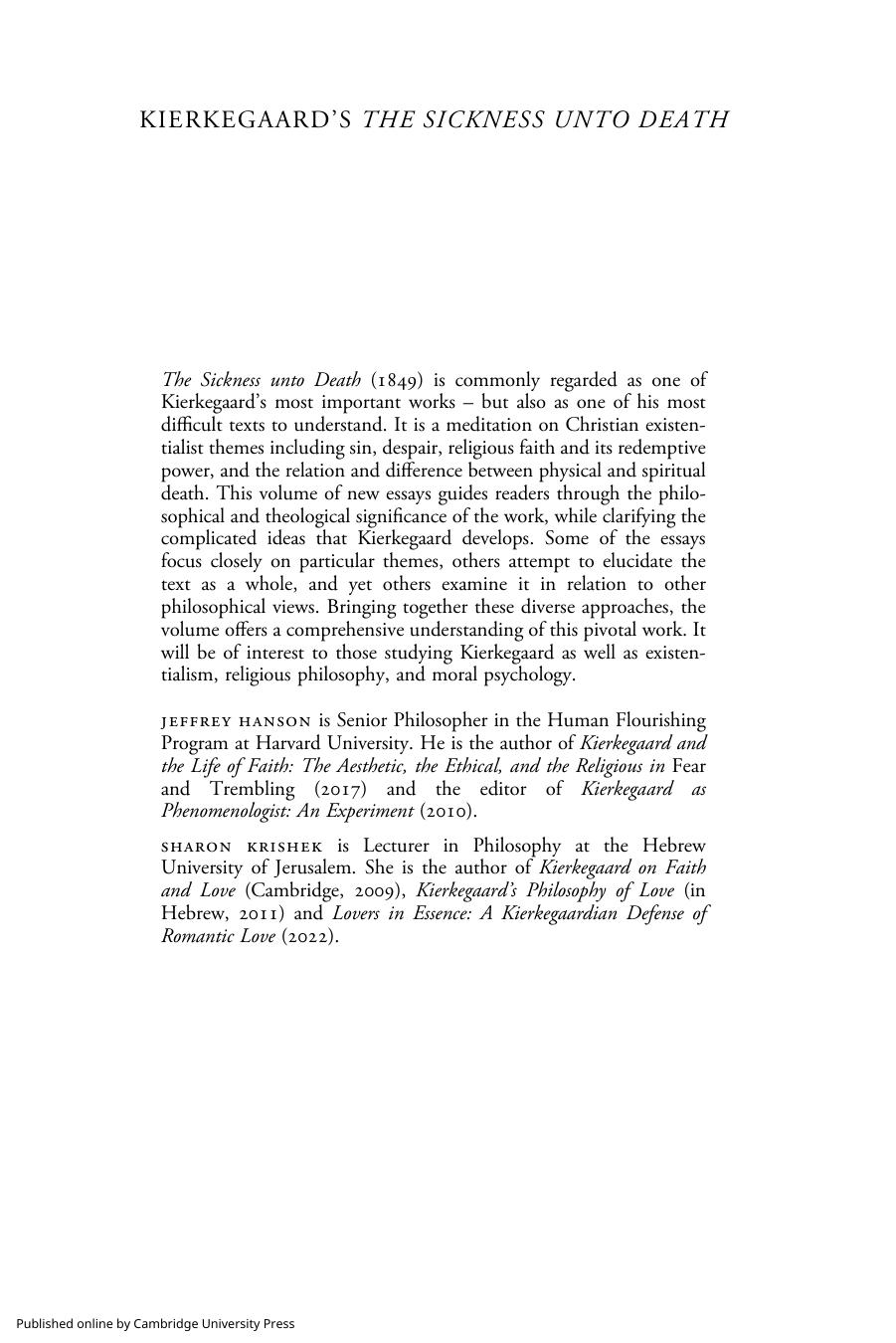 Kierkegaard's The Sickness Unto Death: A Critical Guide by Jeffrey Hanson Sharon Krishek