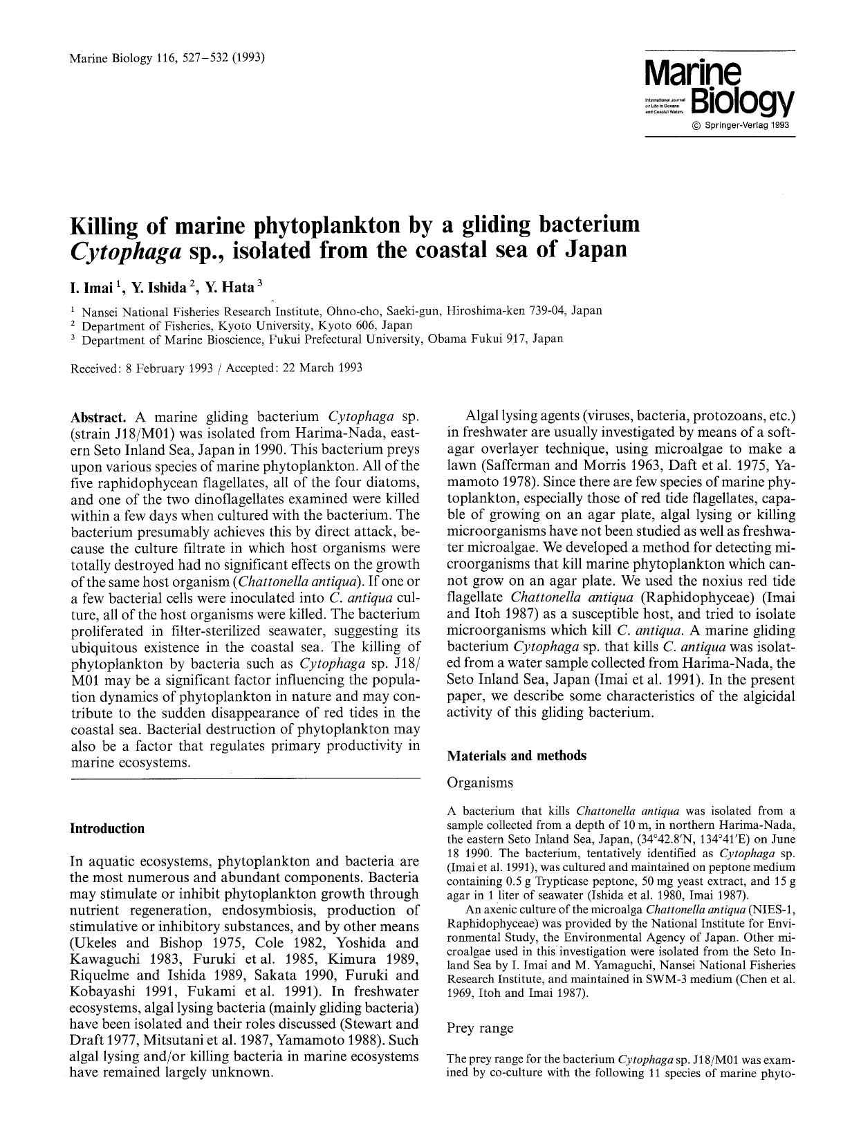 Killing of marine phytoplankton by a gliding bacterium <Emphasis Type="Italic">Cytophaga<Emphasis> sp., isolated from the coastal sea of Japan by Unknown