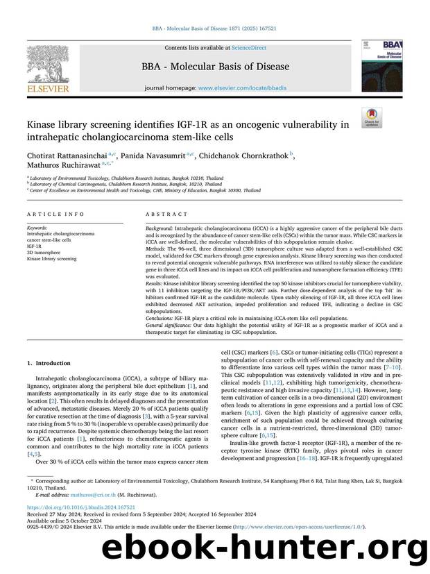 Kinase library screening identifies IGF-1R as an oncogenic vulnerability in intrahepatic cholangiocarcinoma stem-like cells by Chotirat Rattanasinchai & Panida Navasumrit & Chidchanok Chornkrathok & Mathuros Ruchirawat