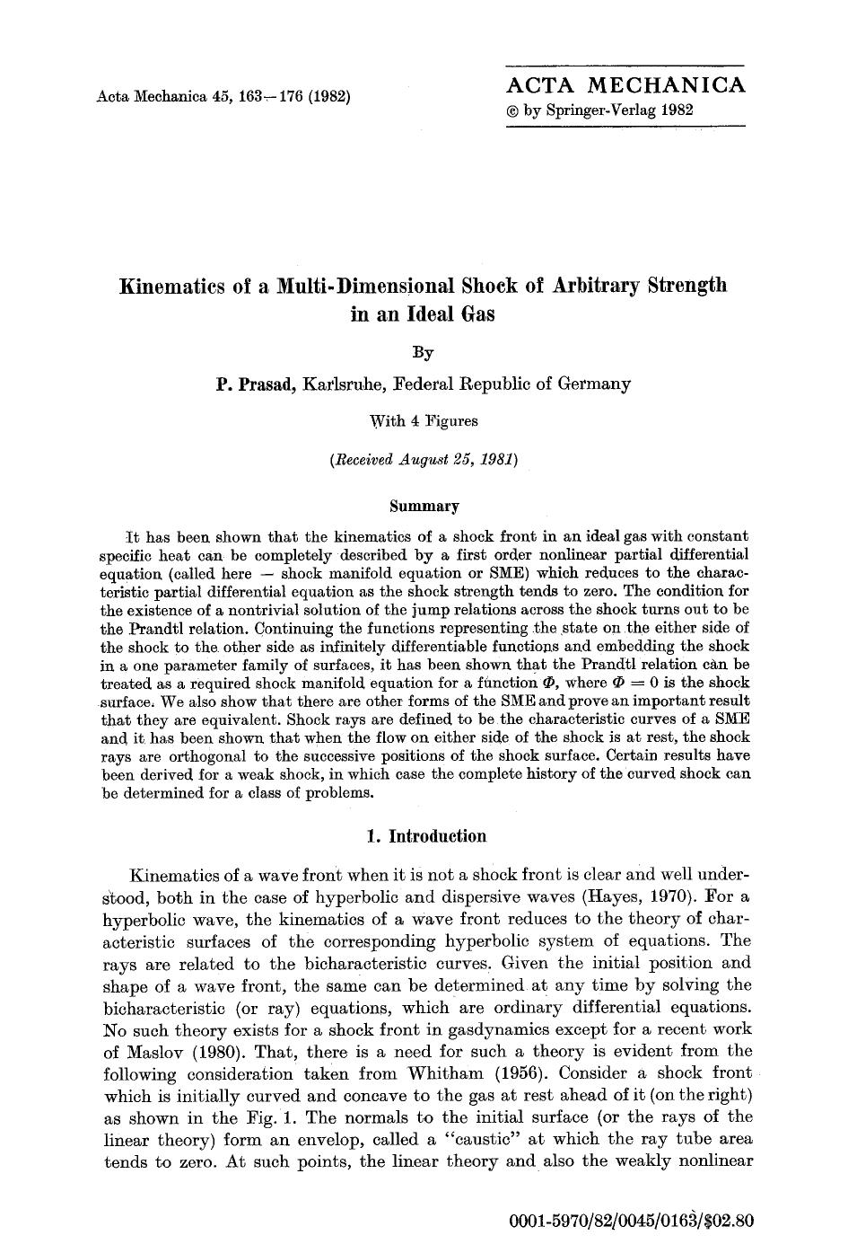 Kinematics of a multi-dimensional shock of arbitrary strength in an ideal gas by Unknown