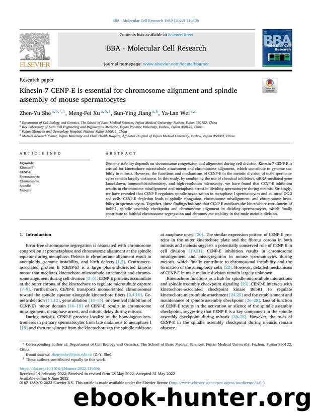 Kinesin-7 CENP-E is essential for chromosome alignment and spindle assembly of mouse spermatocytes by Zhen-Yu She & Meng-Fei Xu & Sun-Ying Jiang & Ya-Lan Wei