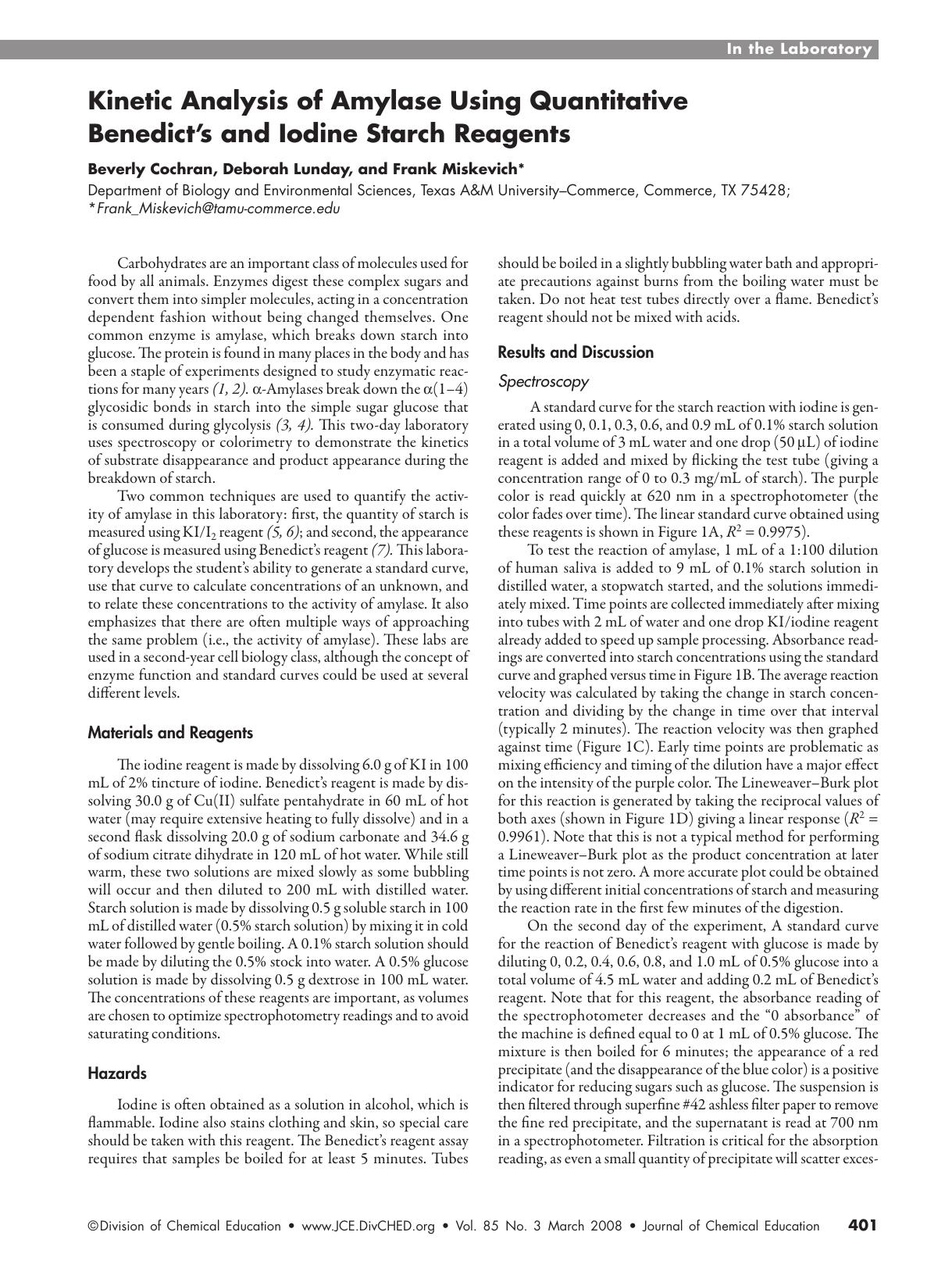 Kinetic Analysis of Amylase Using Quantitative Benedict's and Iodine Starch Reagents by Beverly Cochran Deborah Lunday and Frank Miskevich