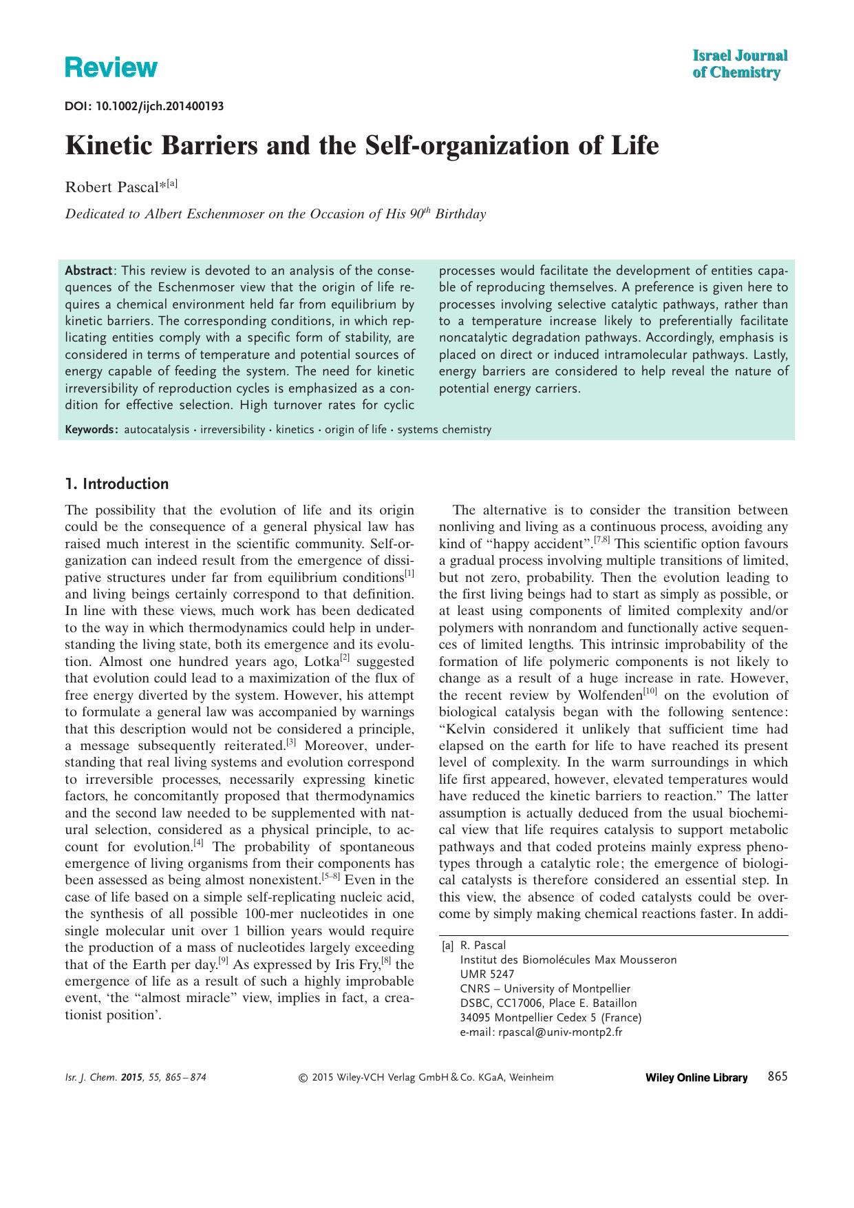 Kinetic Barriers and the Selforganization of Life by Unknown