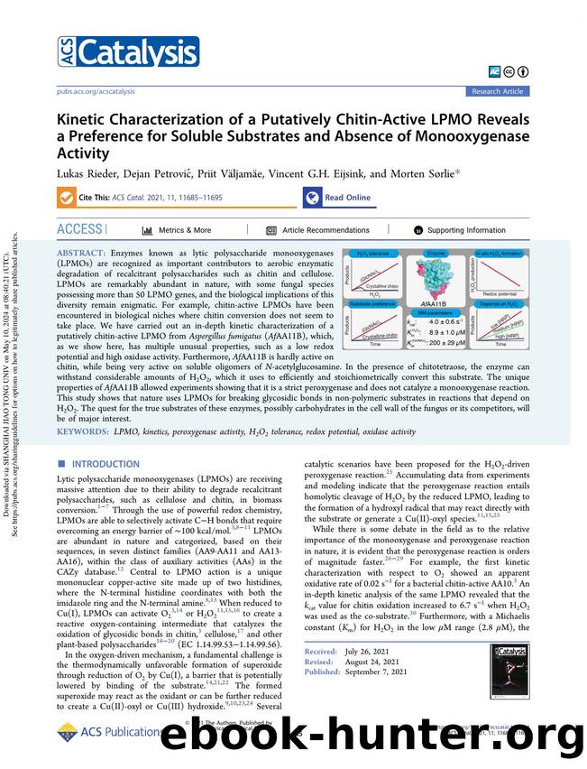 Kinetic Characterization of a Putatively Chitin-Active LPMO Reveals a Preference for Soluble Substrates and Absence of Monooxygenase Activity by Lukas Rieder Dejan Petrović Priit Väljamäe Vincent G.H. Eijsink & Morten Sørlie