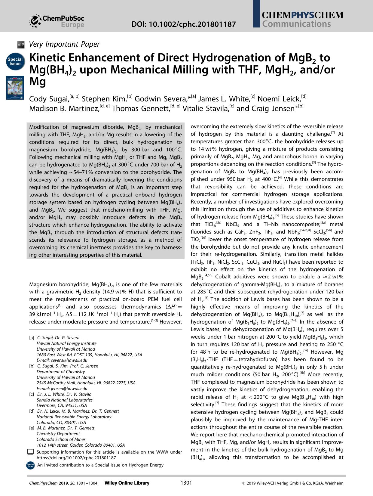 Kinetic Enhancement of Direct Hydrogenation of MgB2 to Mg(BH4)2 upon Mechanical Milling with THF, MgH2, andor Mg by Unknown