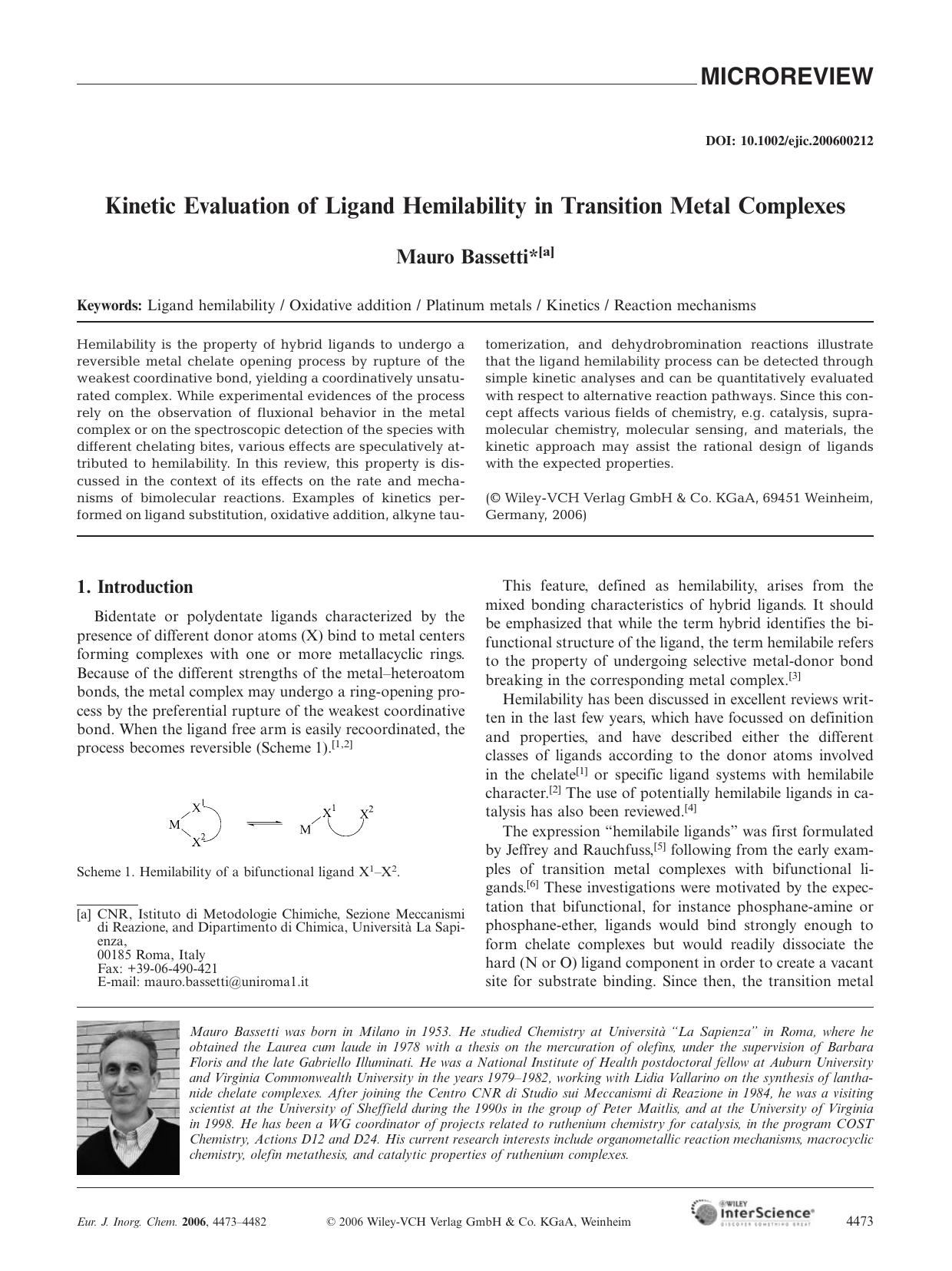 Kinetic Evaluation of Ligand Hemilability in Transition Metal Complexes by Unknown
