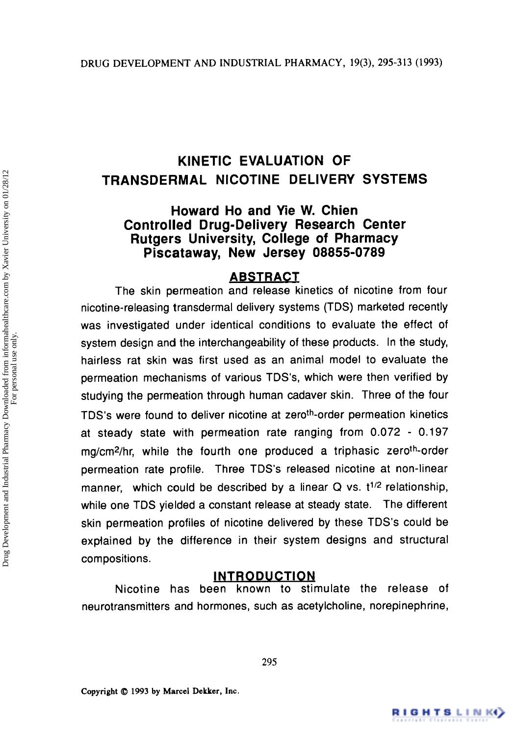 Kinetic Evaluation of Transdermal Nicotine Delivery Systems by Howard Ho & Yie W. Chien