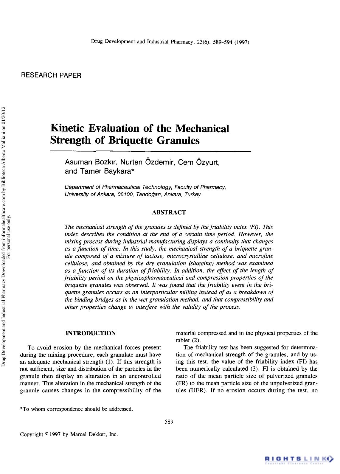 Kinetic Evaluation of the Mechanical Strength of Briquette Granules by Asuman Bozkir Nurten Özdemir Cem Özyurt & Tamer Baykara
