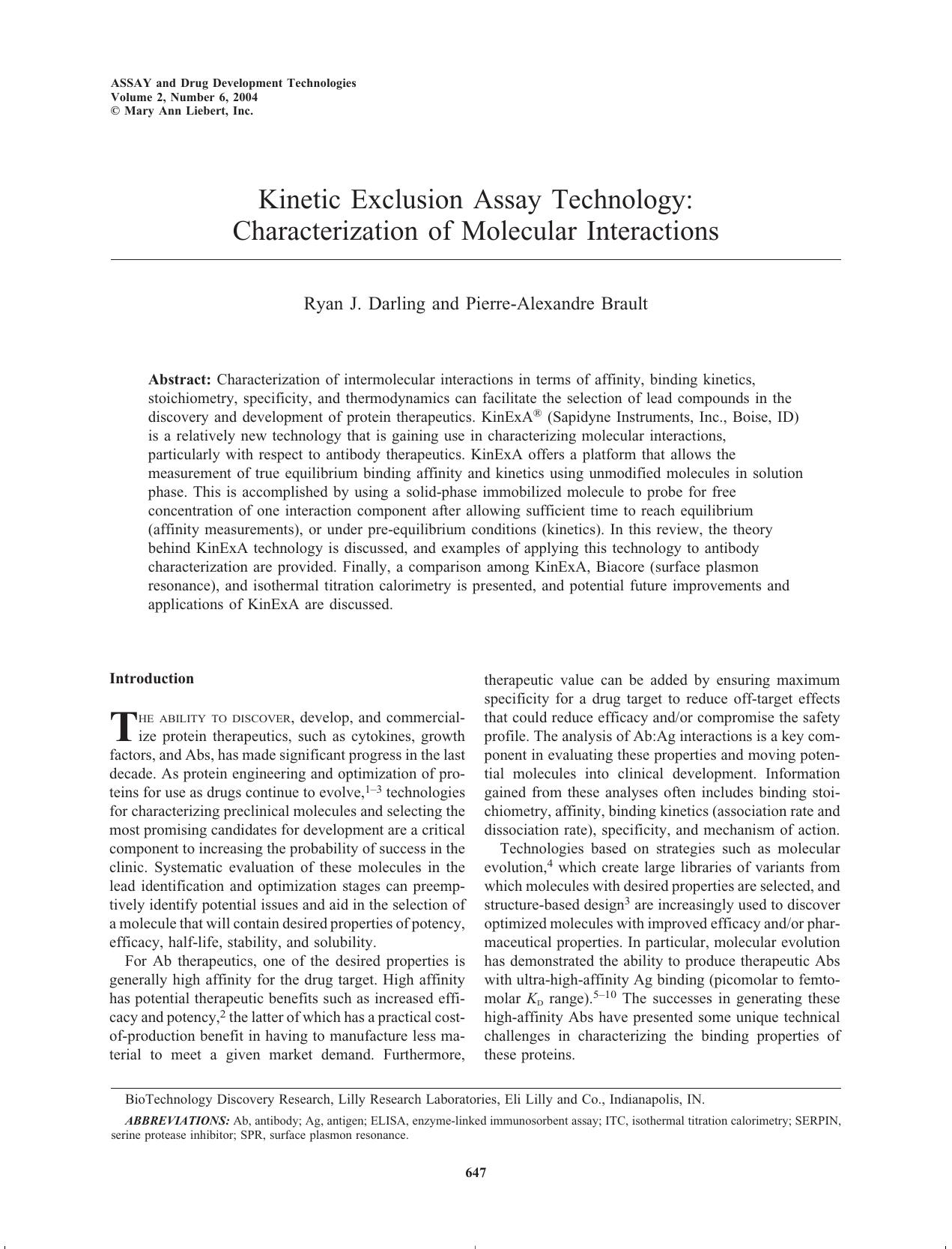 Kinetic Exclusion Assay Technology: Characterization of Molecular Interactions by Ryan J. Darling Ph.D. Pierre-Alexandre Brault