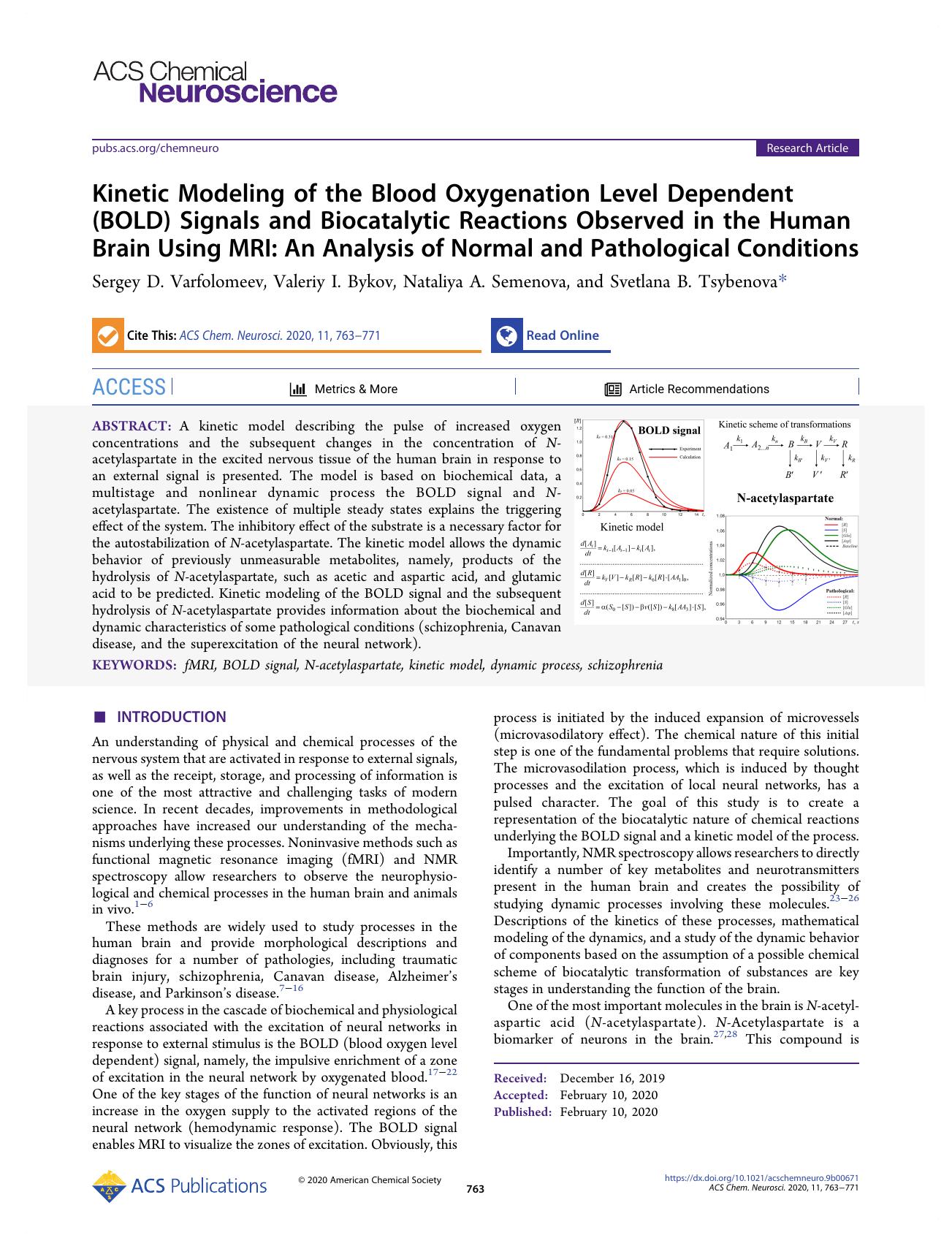 Kinetic Modeling of the Blood Oxygenation Level Dependent (BOLD) Signals and Biocatalytic Reactions Observed in the Human Brain Using MRI: An Analysis of Normal and Pathological Conditions by Sergey D. Varfolomeev Valeriy I. Bykov Nataliya A. Semenova and Svetlana B. Tsybenova