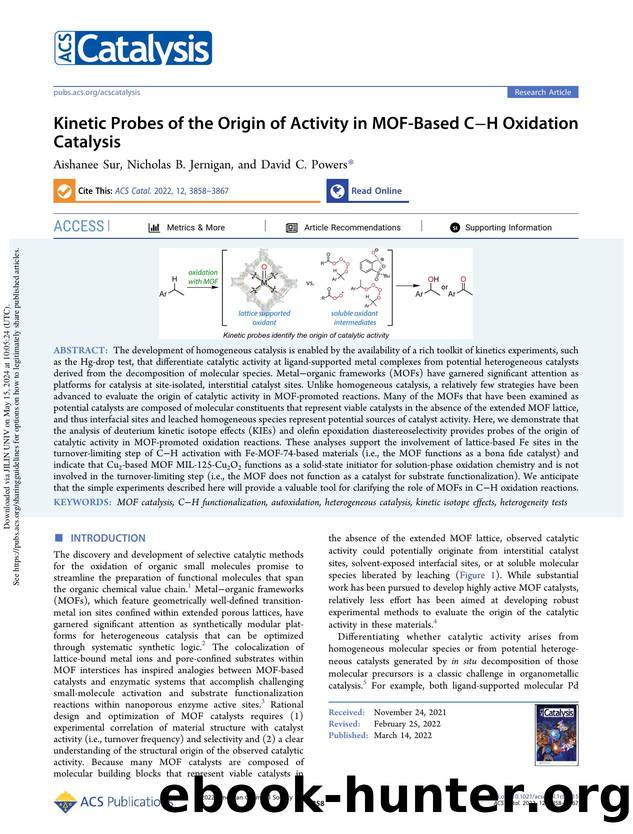Kinetic Probes of the Origin of Activity in MOF-Based CâH Oxidation Catalysis by Aishanee Sur Nicholas B. Jernigan & David C. Powers