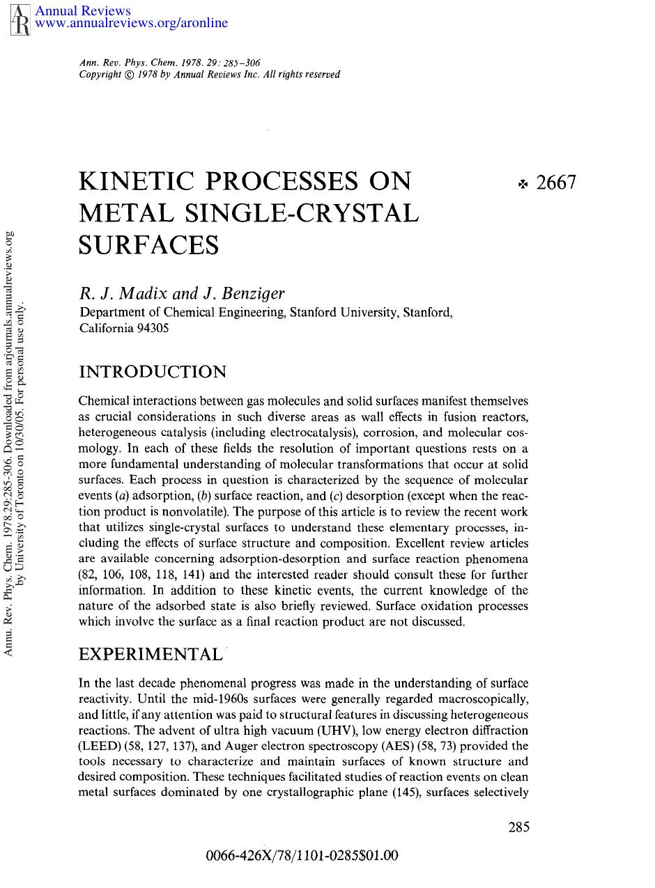 Kinetic Processes on Metal Single-Crystal Surfaces by R J Madix & J Benziger