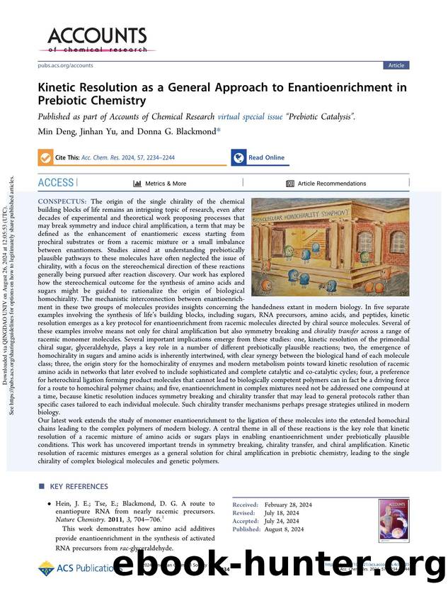 Kinetic Resolution as a General Approach to Enantioenrichment in Prebiotic Chemistry by Min Deng Jinhan Yu & Donna G. Blackmond
