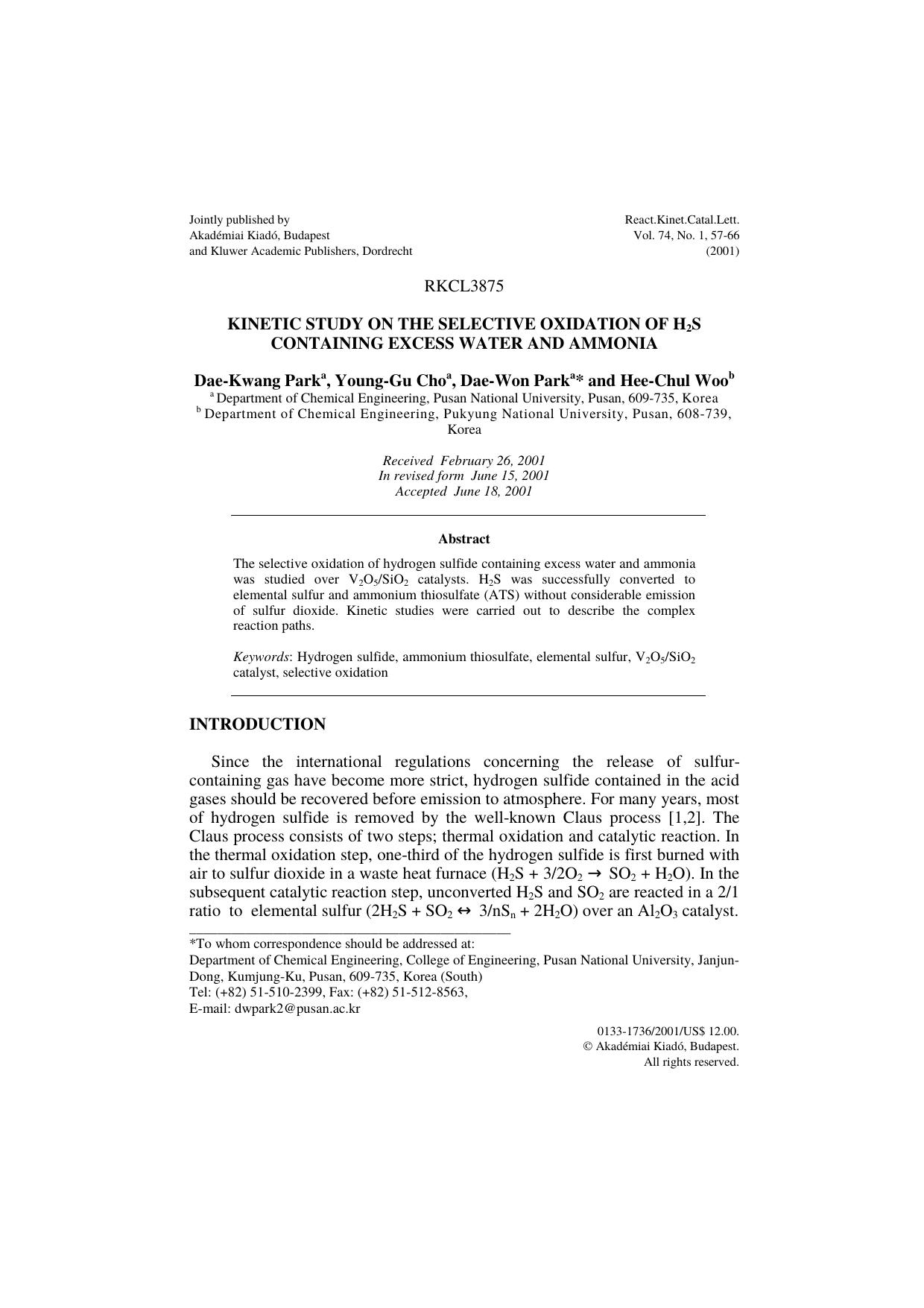 Kinetic Study on the Selective Oxidation of H<Subscript>2<Subscript>S Containing Excess Water and Ammonia by Unknown