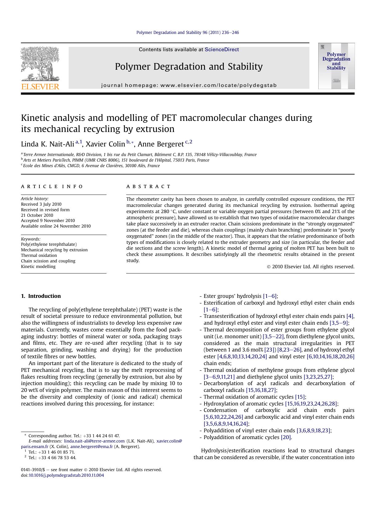 Kinetic analysis and modelling of PET macromolecular changes during its mechanical recycling by extrusion by Linda K. Nait-Ali & Xavier Colin & Anne Bergeret