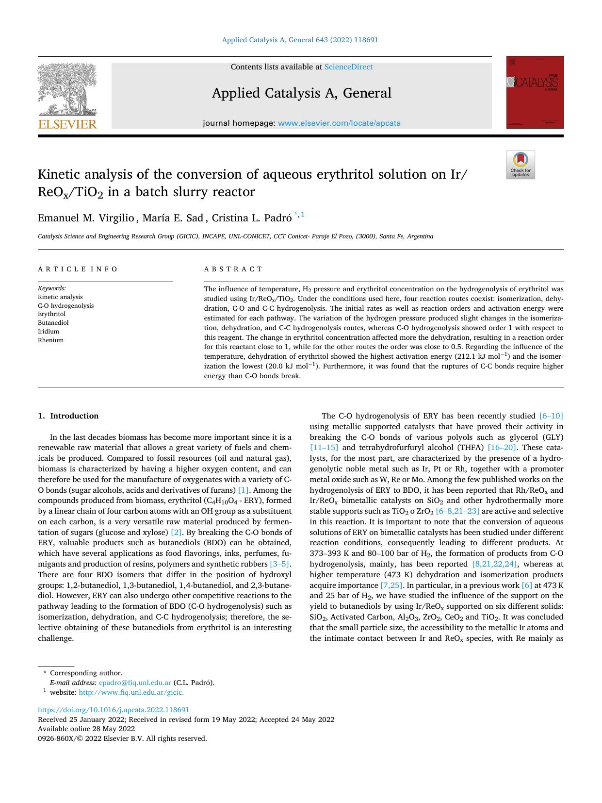 Kinetic analysis of the conversion of aqueous erythritol solution on IrReOxTiO2 in a batch slurry reactor by Emanuel M. Virgilio & María E. Sad & Cristina L. Padró