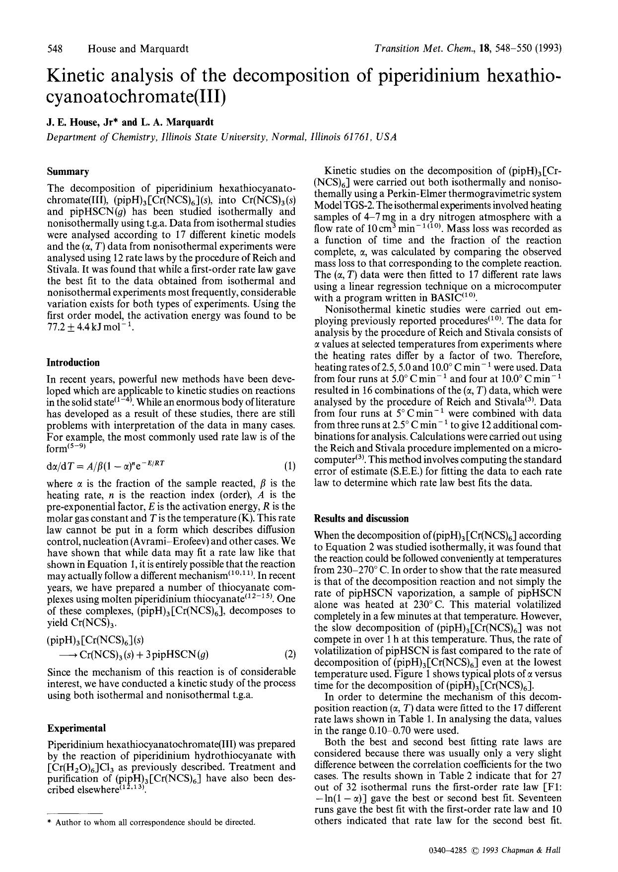 Kinetic analysis of the decomposition of piperidinium hexathiocyanoatochromate(III) by Unknown