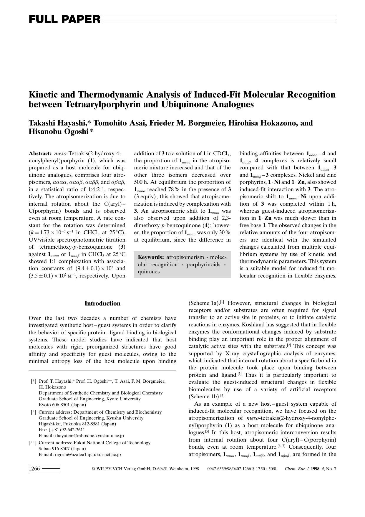 Kinetic and Thermodynamic Analysis of Induced-Fit Molecular Recognition between Tetraarylporphyrin and Ubiquinone Analogues by Unknown